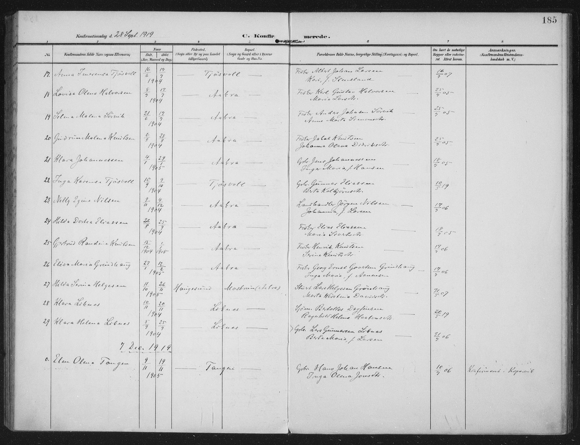 Kopervik sokneprestkontor, SAST/A-101850/H/Ha/Haa/L0005: Ministerialbok nr. A 5, 1906-1924, s. 185