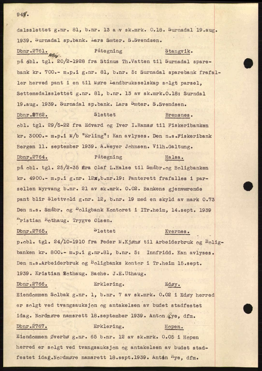 Nordmøre sorenskriveri, SAT/A-4132/1/2/2Ca: Pantebok nr. C80, 1936-1939, Dagboknr: 2761/1939