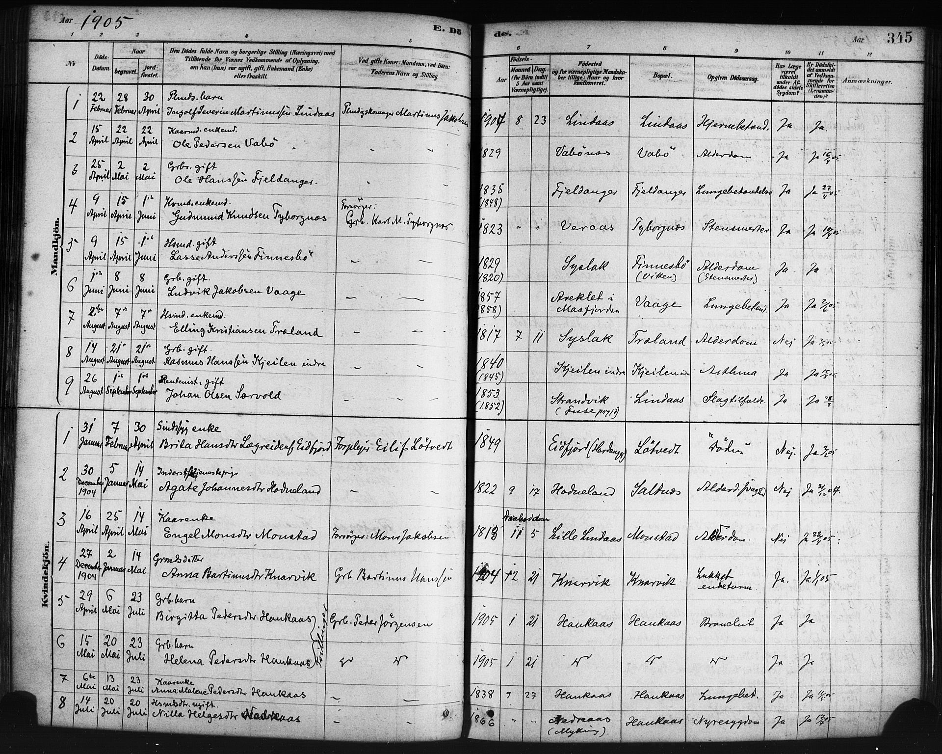 Lindås Sokneprestembete, AV/SAB-A-76701/H/Haa/Haaa/L0019: Ministerialbok nr. A 19, 1878-1912, s. 345