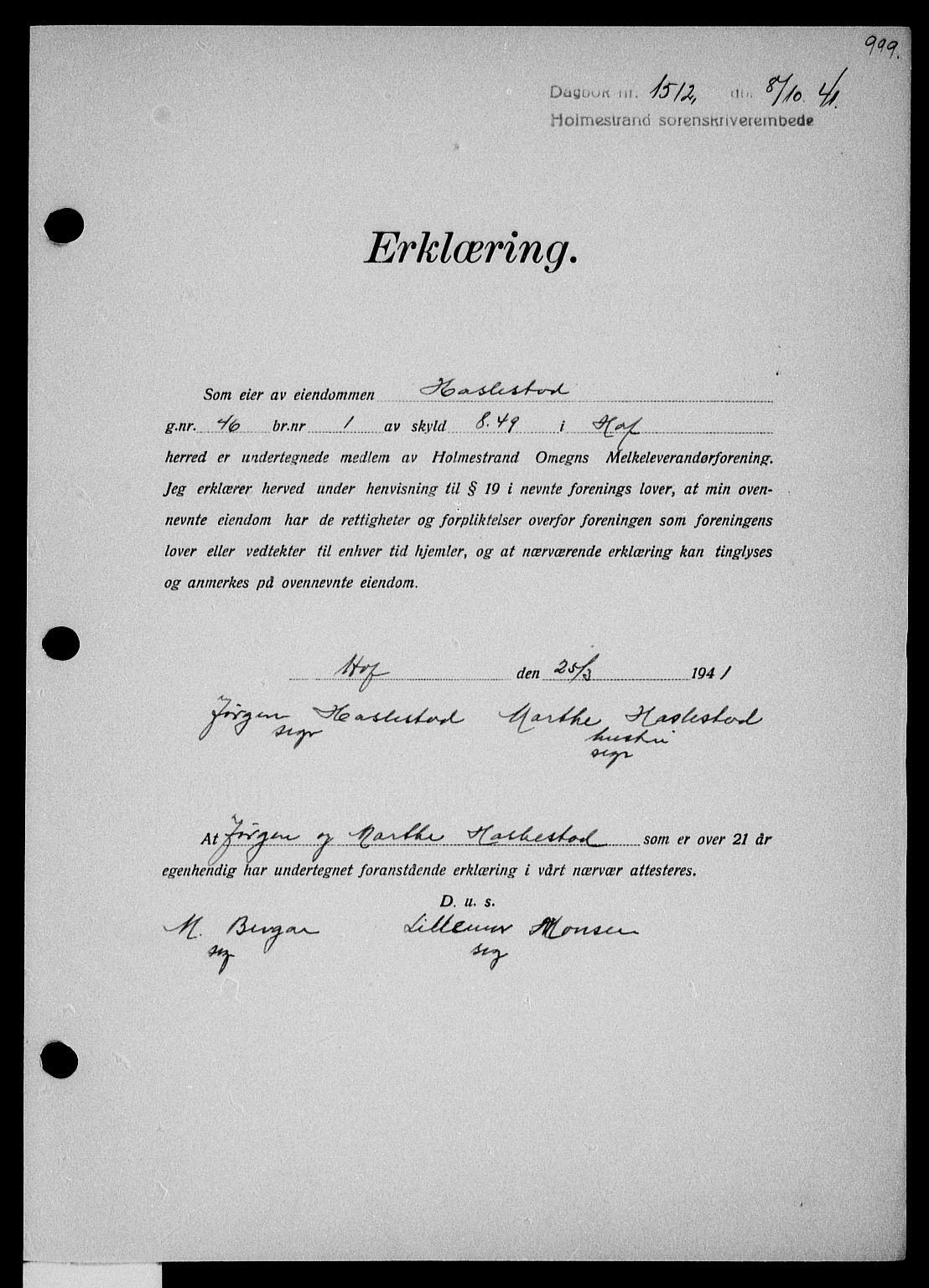 Holmestrand sorenskriveri, SAKO/A-67/G/Ga/Gaa/L0053: Pantebok nr. A-53, 1941-1941, Dagboknr: 1512/1941