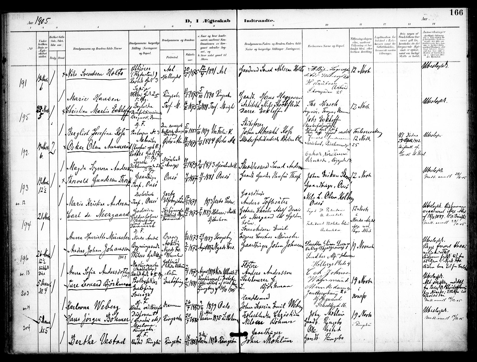 Trefoldighet prestekontor Kirkebøker, AV/SAO-A-10882/F/Fc/L0005: Ministerialbok nr. III 5, 1900-1908, s. 166
