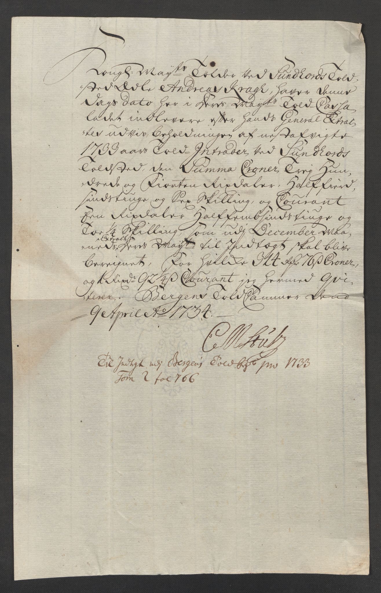 Generaltollkammeret, tollregnskaper, RA/EA-5490/R24/L0009/0001: Tollregnskaper Sunnhordland / Hovedtollbok, 1733