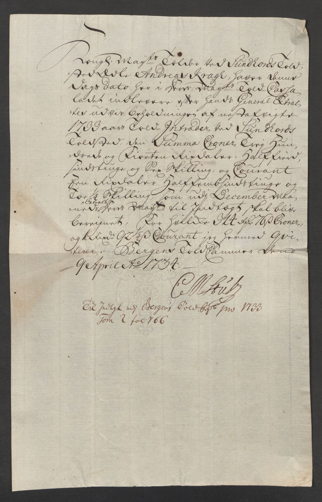 Generaltollkammeret, tollregnskaper, AV/RA-EA-5490/R24/L0009/0001: Tollregnskaper Sunnhordland / Hovedtollbok, 1733