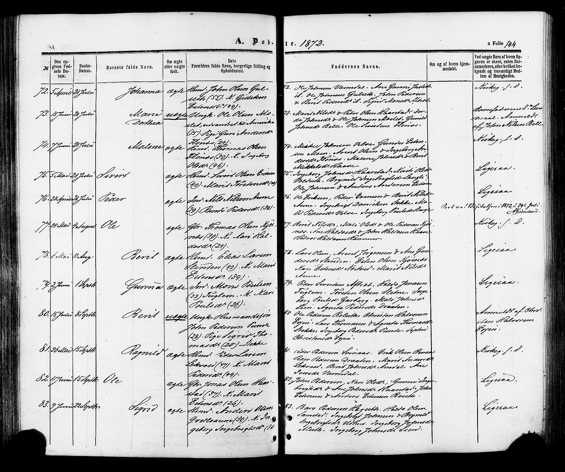 Ministerialprotokoller, klokkerbøker og fødselsregistre - Sør-Trøndelag, SAT/A-1456/695/L1147: Ministerialbok nr. 695A07, 1860-1877, s. 144