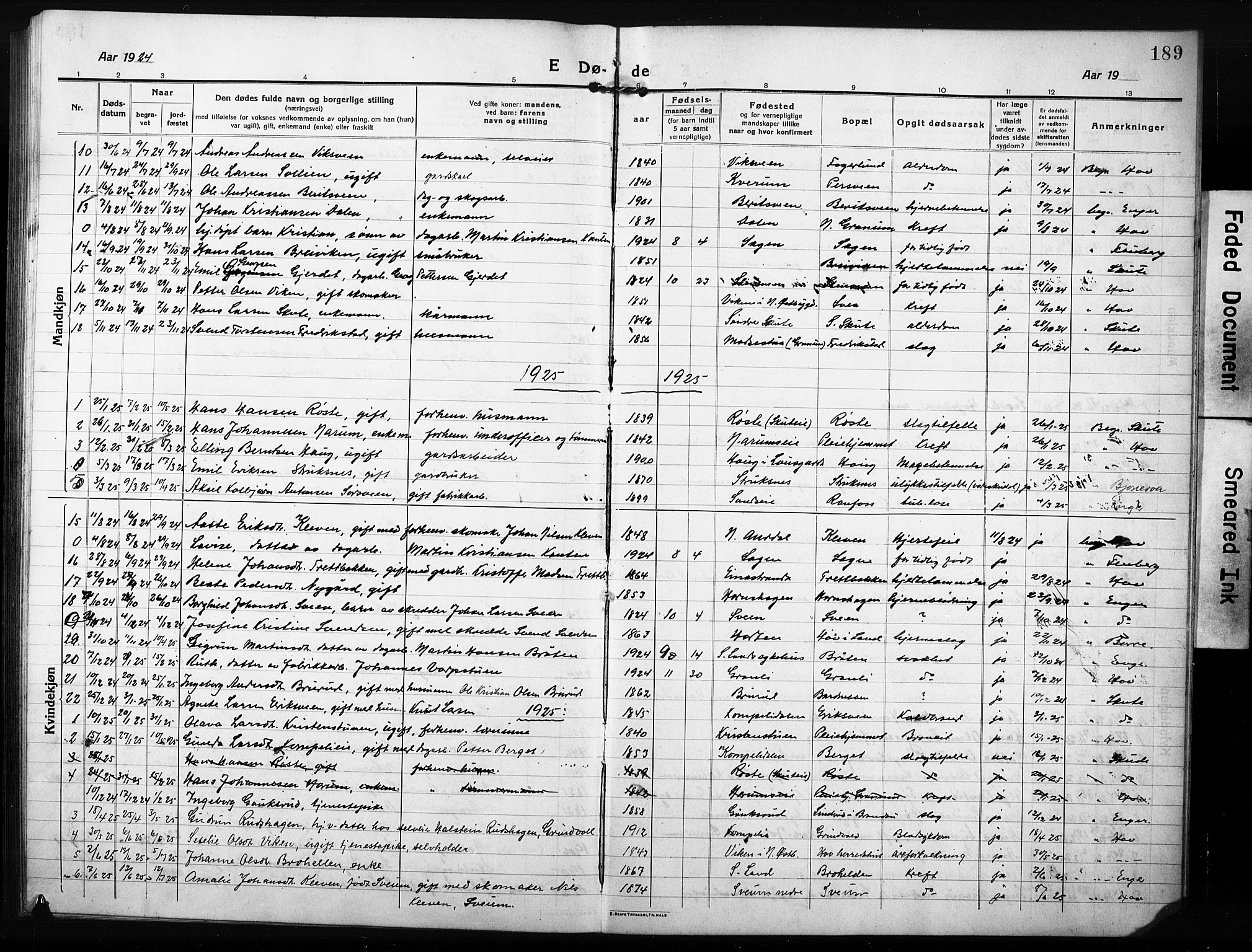 Søndre Land prestekontor, AV/SAH-PREST-122/L/L0007: Klokkerbok nr. 7, 1915-1932, s. 189