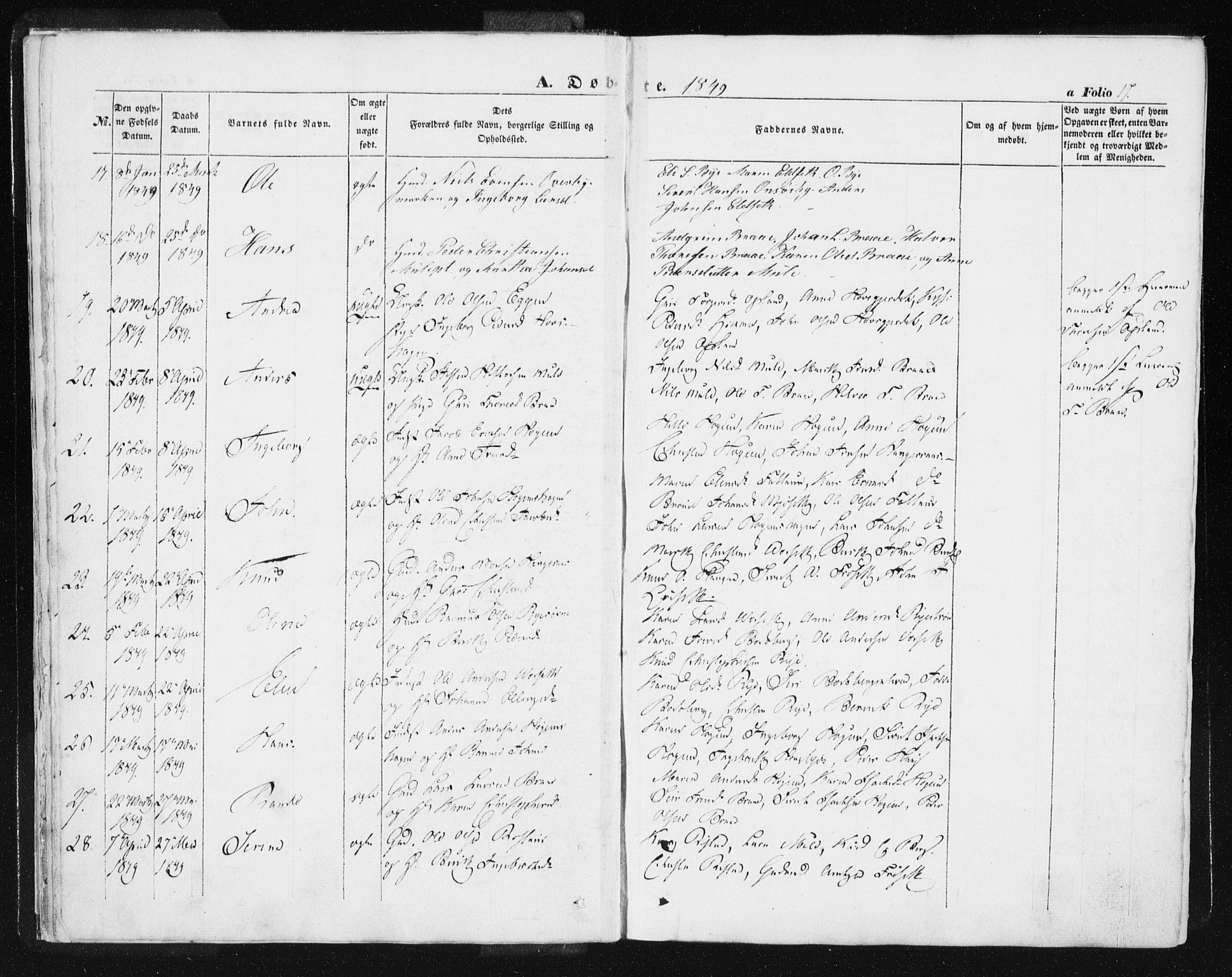 Ministerialprotokoller, klokkerbøker og fødselsregistre - Sør-Trøndelag, SAT/A-1456/612/L0376: Ministerialbok nr. 612A08, 1846-1859, s. 17