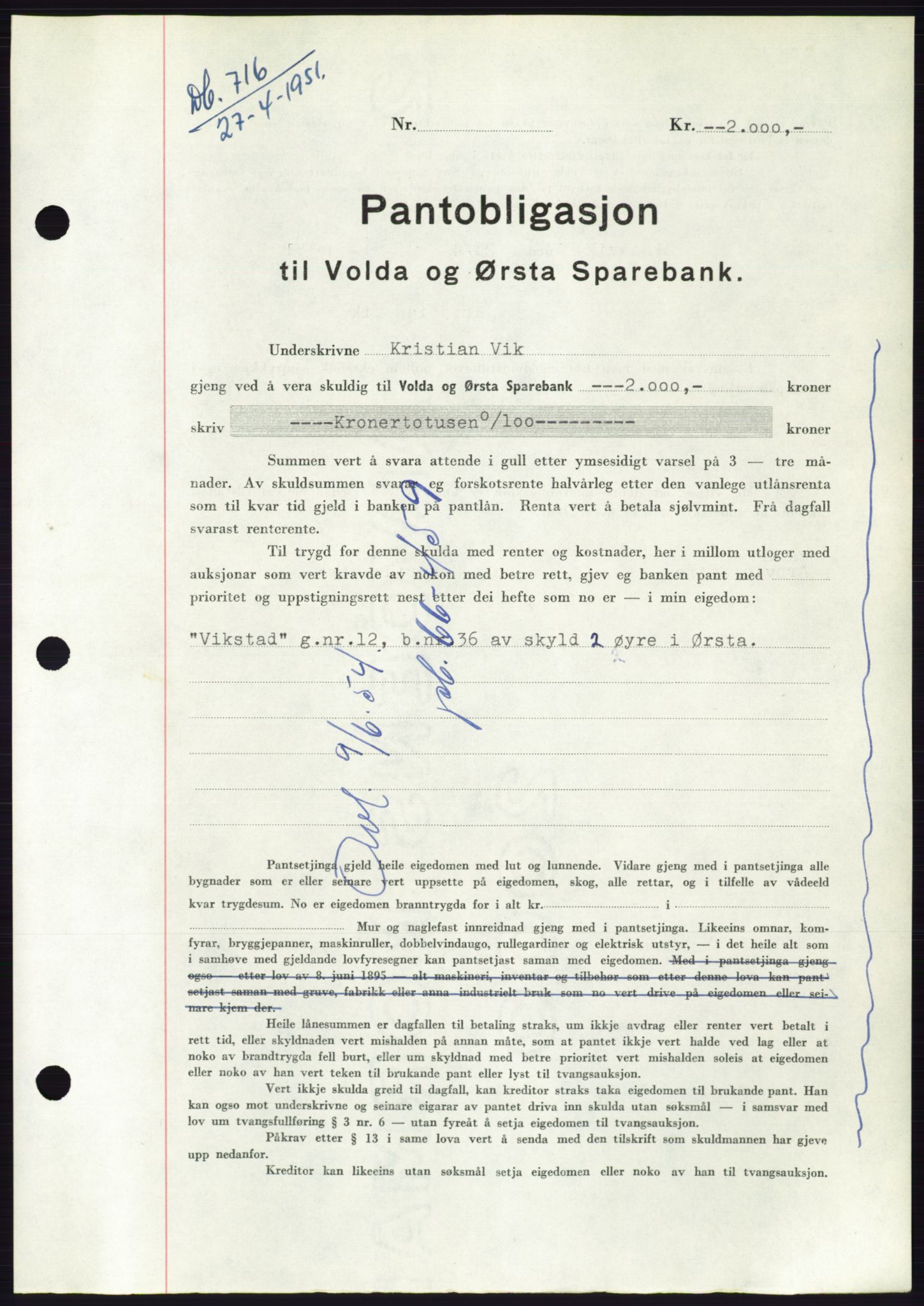 Søre Sunnmøre sorenskriveri, SAT/A-4122/1/2/2C/L0119: Pantebok nr. 7B, 1950-1951, Dagboknr: 716/1951