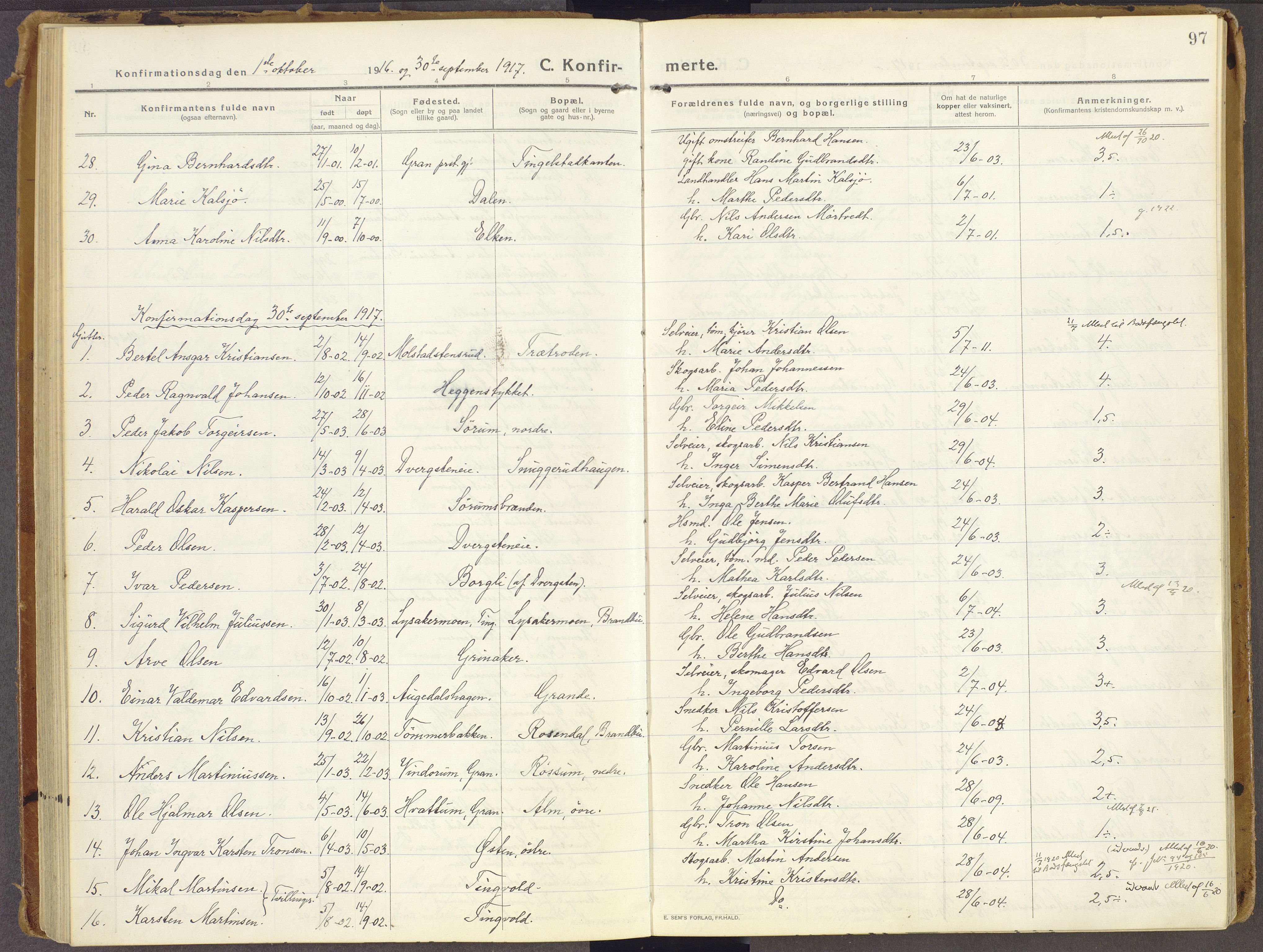 Brandbu prestekontor, AV/SAH-PREST-114/H/Ha/Haa/L0003: Ministerialbok nr. 3, 1914-1928, s. 97
