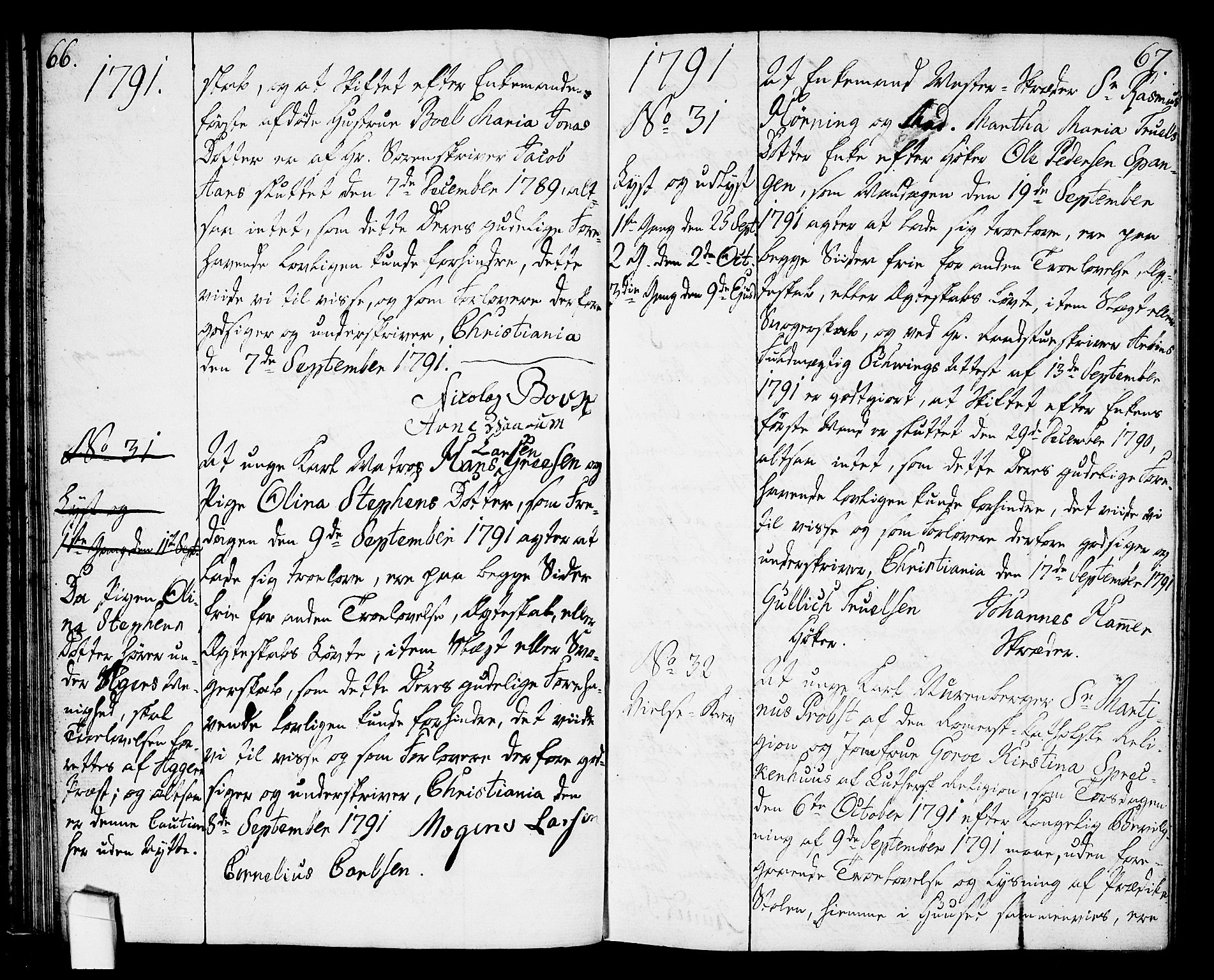 Oslo domkirke Kirkebøker, AV/SAO-A-10752/L/La/L0010: Forlovererklæringer nr. 10, 1789-1807, s. 66-67