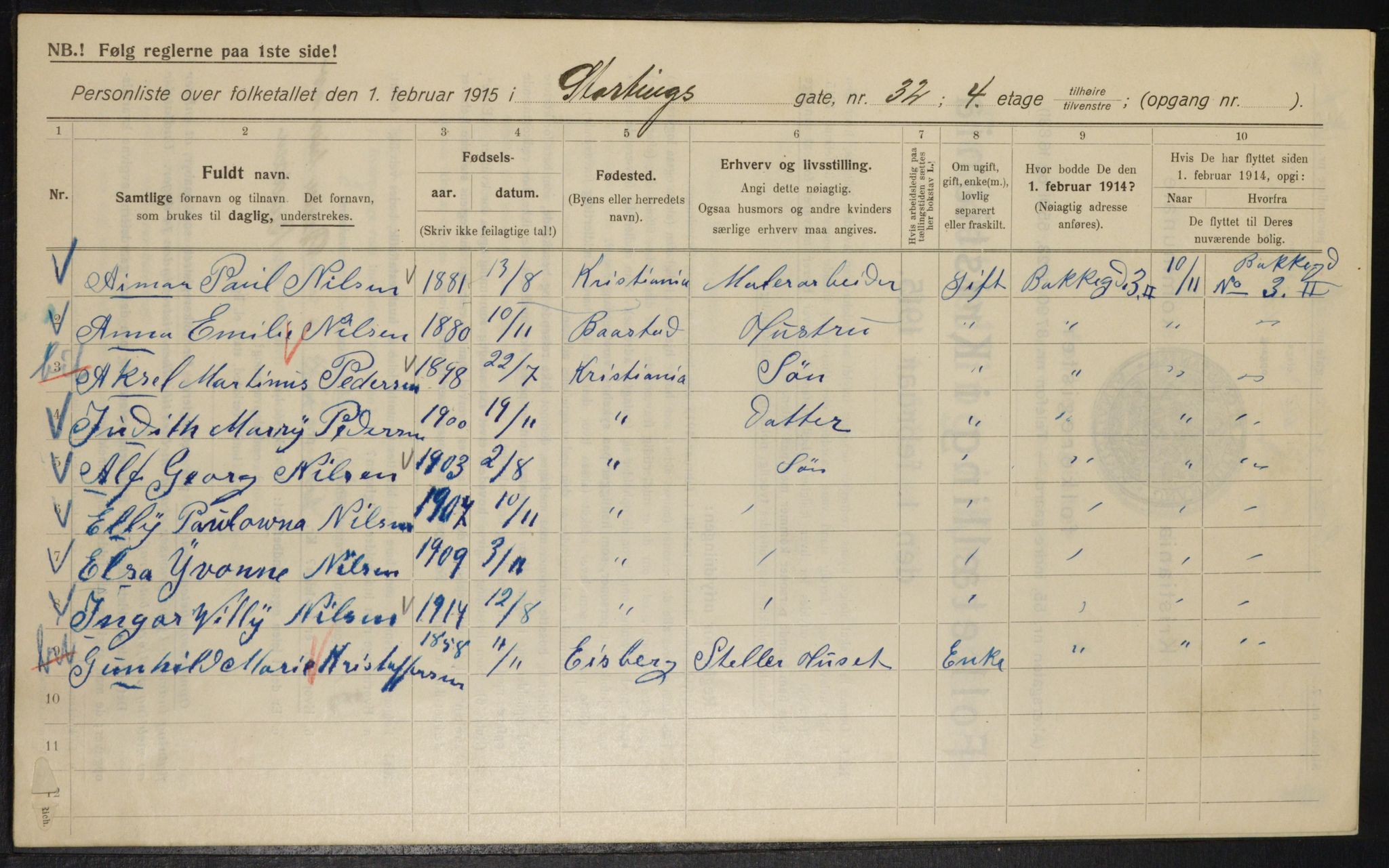 OBA, Kommunal folketelling 1.2.1915 for Kristiania, 1915, s. 103764