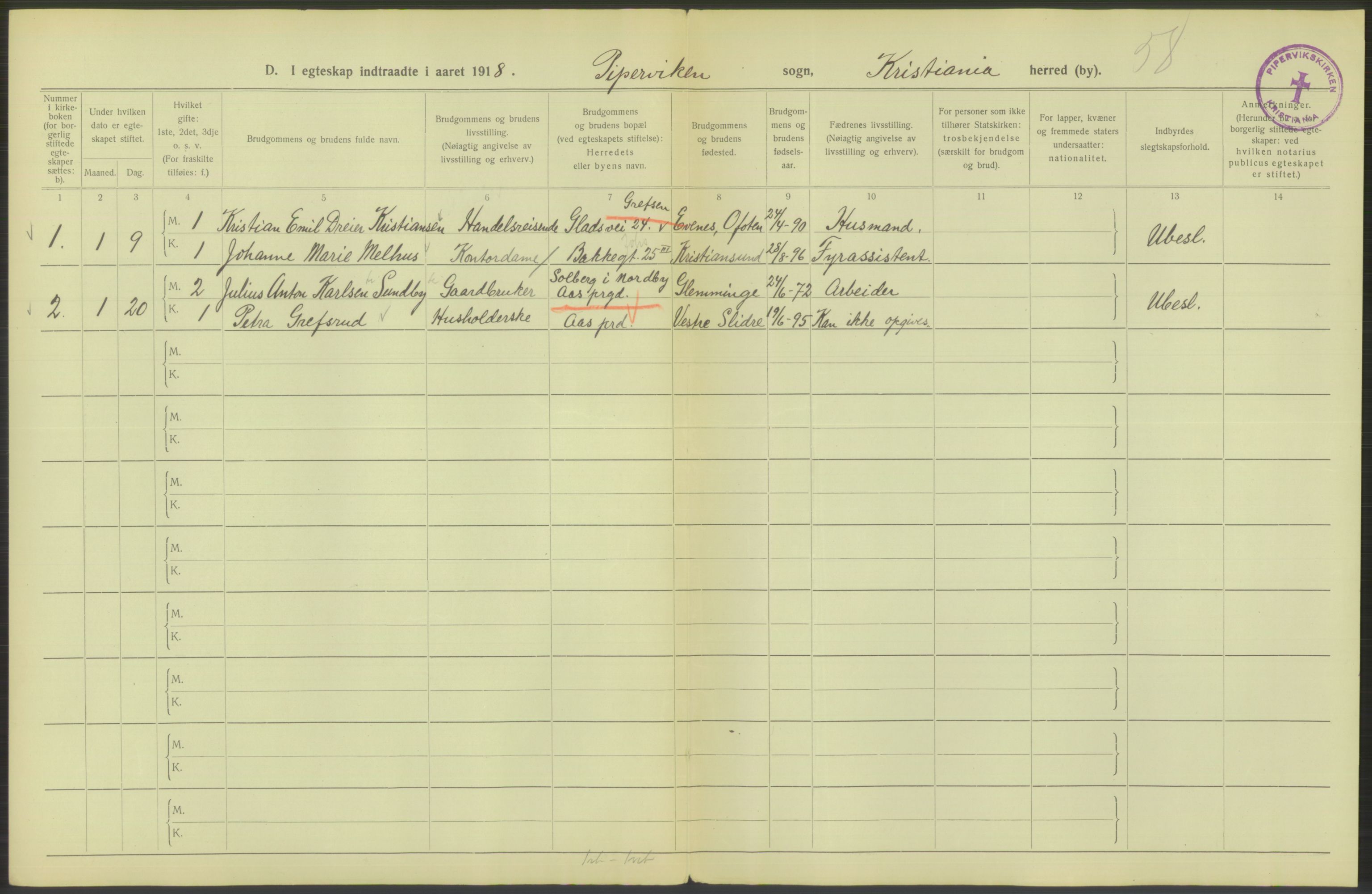 Statistisk sentralbyrå, Sosiodemografiske emner, Befolkning, RA/S-2228/D/Df/Dfb/Dfbh/L0009: Kristiania: Gifte, 1918, s. 1076