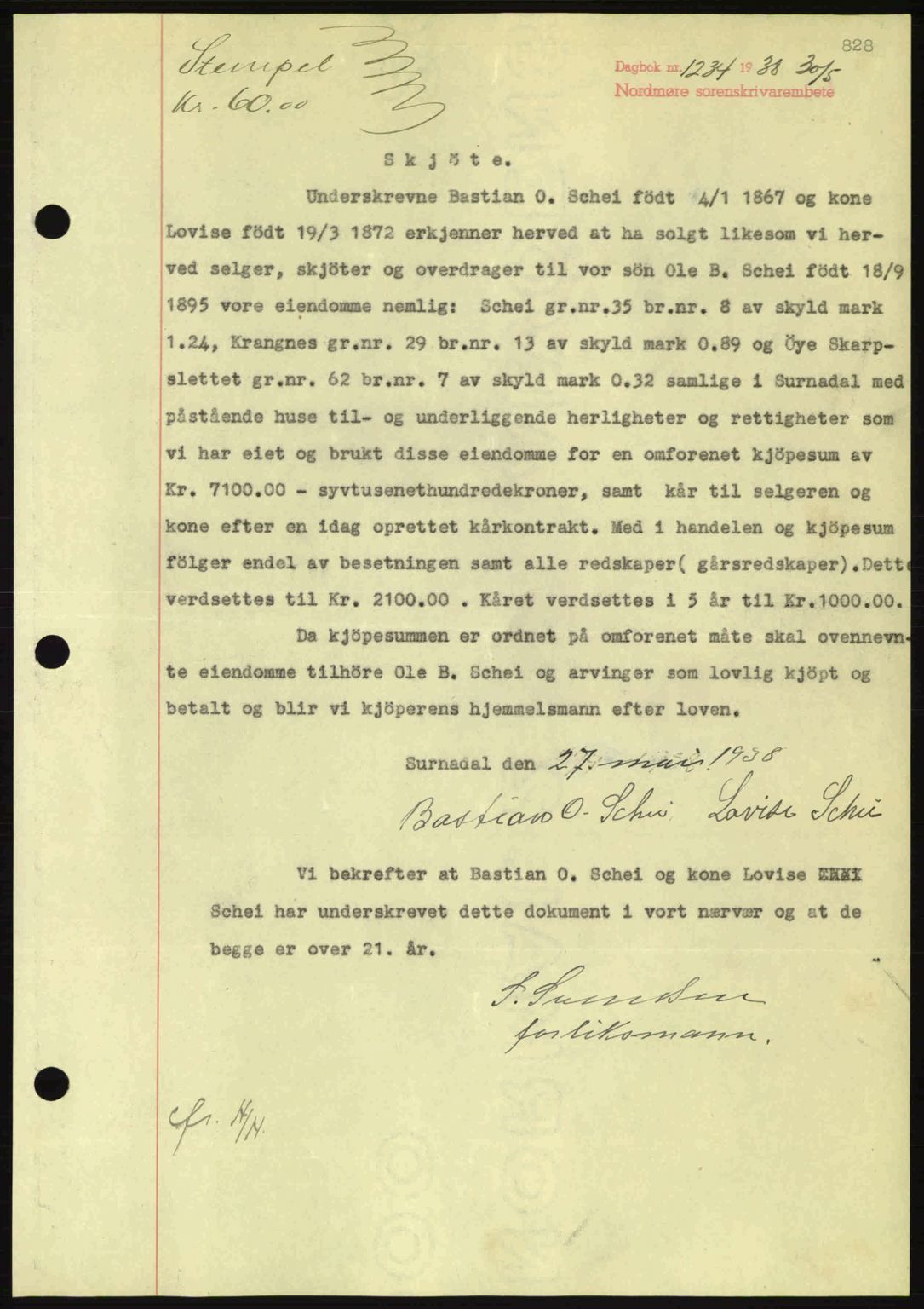 Nordmøre sorenskriveri, SAT/A-4132/1/2/2Ca: Pantebok nr. A83, 1938-1938, Dagboknr: 1234/1938