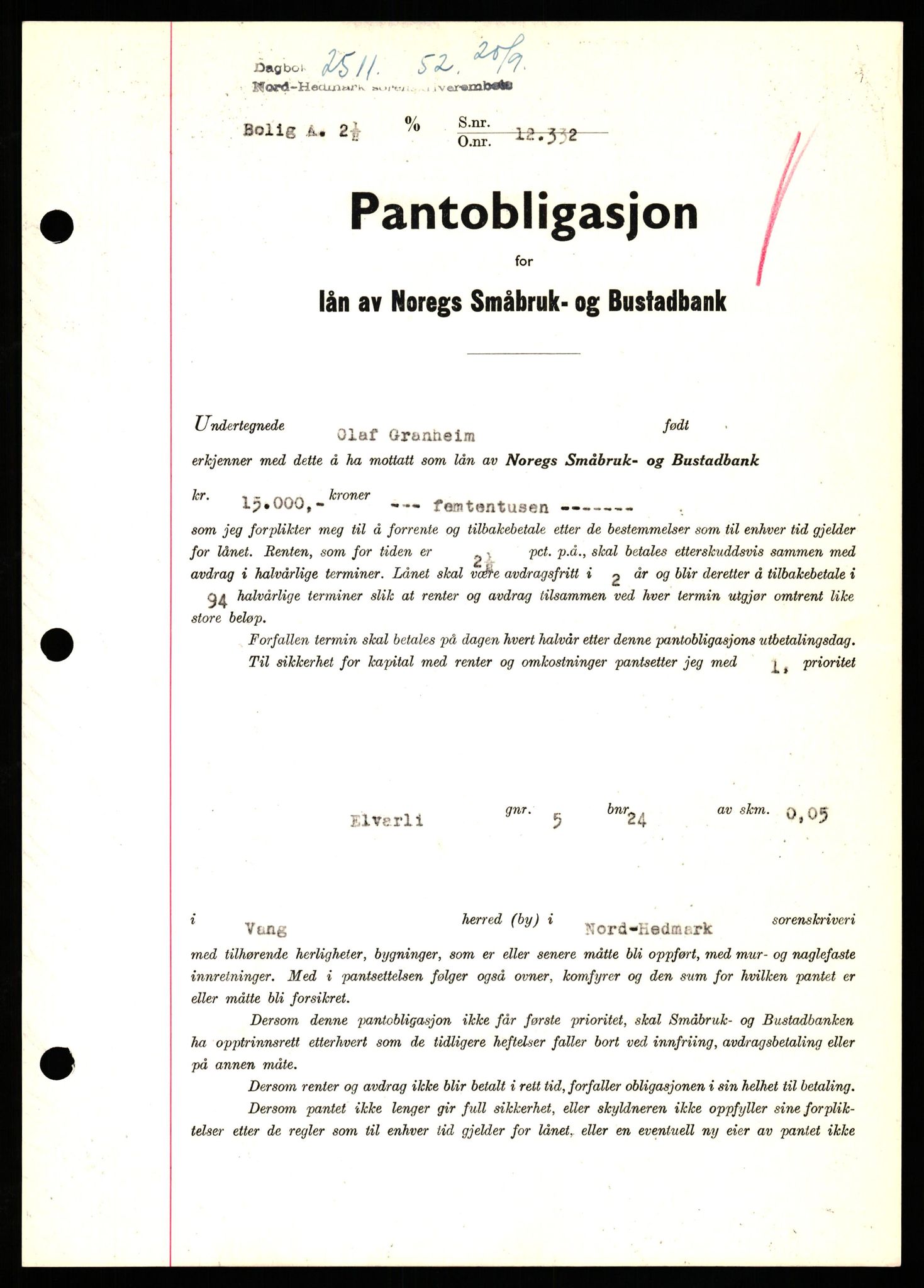 Nord-Hedmark sorenskriveri, SAH/TING-012/H/Hb/Hbf/L0025: Pantebok nr. B25, 1952-1952, Dagboknr: 2511/1952