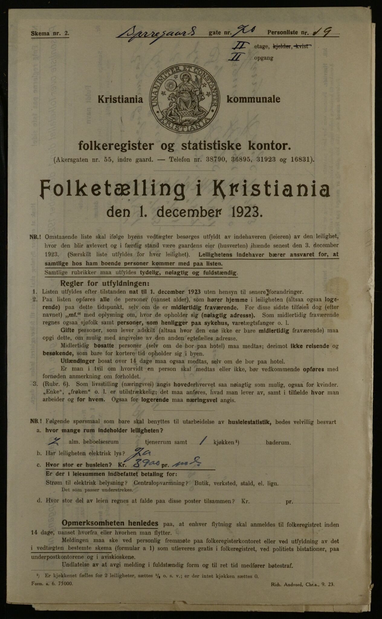 OBA, Kommunal folketelling 1.12.1923 for Kristiania, 1923, s. 7457