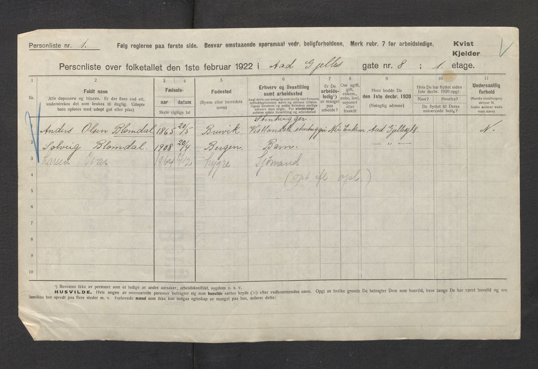 SAB, Kommunal folketelling 1922 for Bergen kjøpstad, 1922, s. 4
