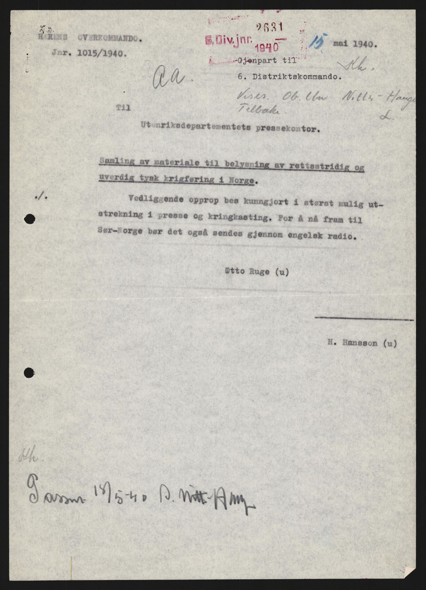 Forsvaret, Forsvarets krigshistoriske avdeling, AV/RA-RAFA-2017/Y/Yb/L0123: II-C-11-600  -  6. Divisjon med avdelinger, 1940, s. 619