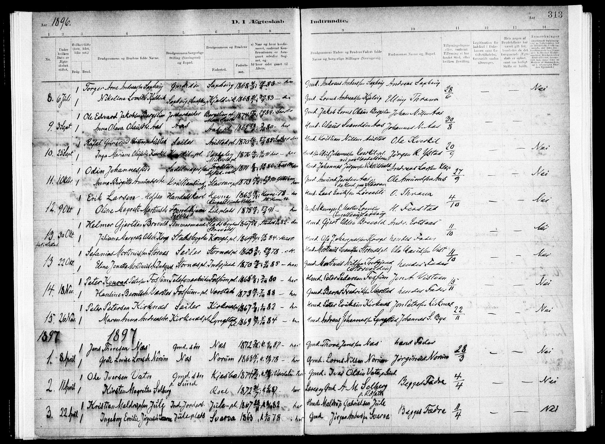 Ministerialprotokoller, klokkerbøker og fødselsregistre - Nord-Trøndelag, SAT/A-1458/730/L0285: Ministerialbok nr. 730A10, 1879-1914, s. 313