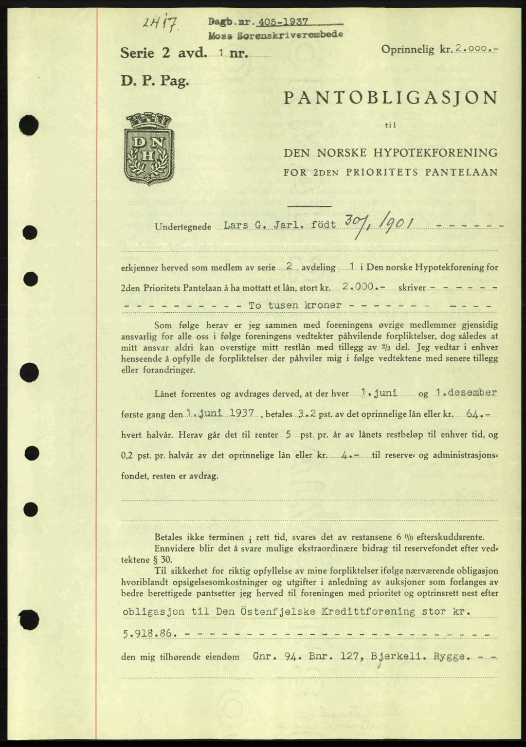 Moss sorenskriveri, SAO/A-10168: Pantebok nr. B3, 1937-1937, Dagboknr: 405/1937