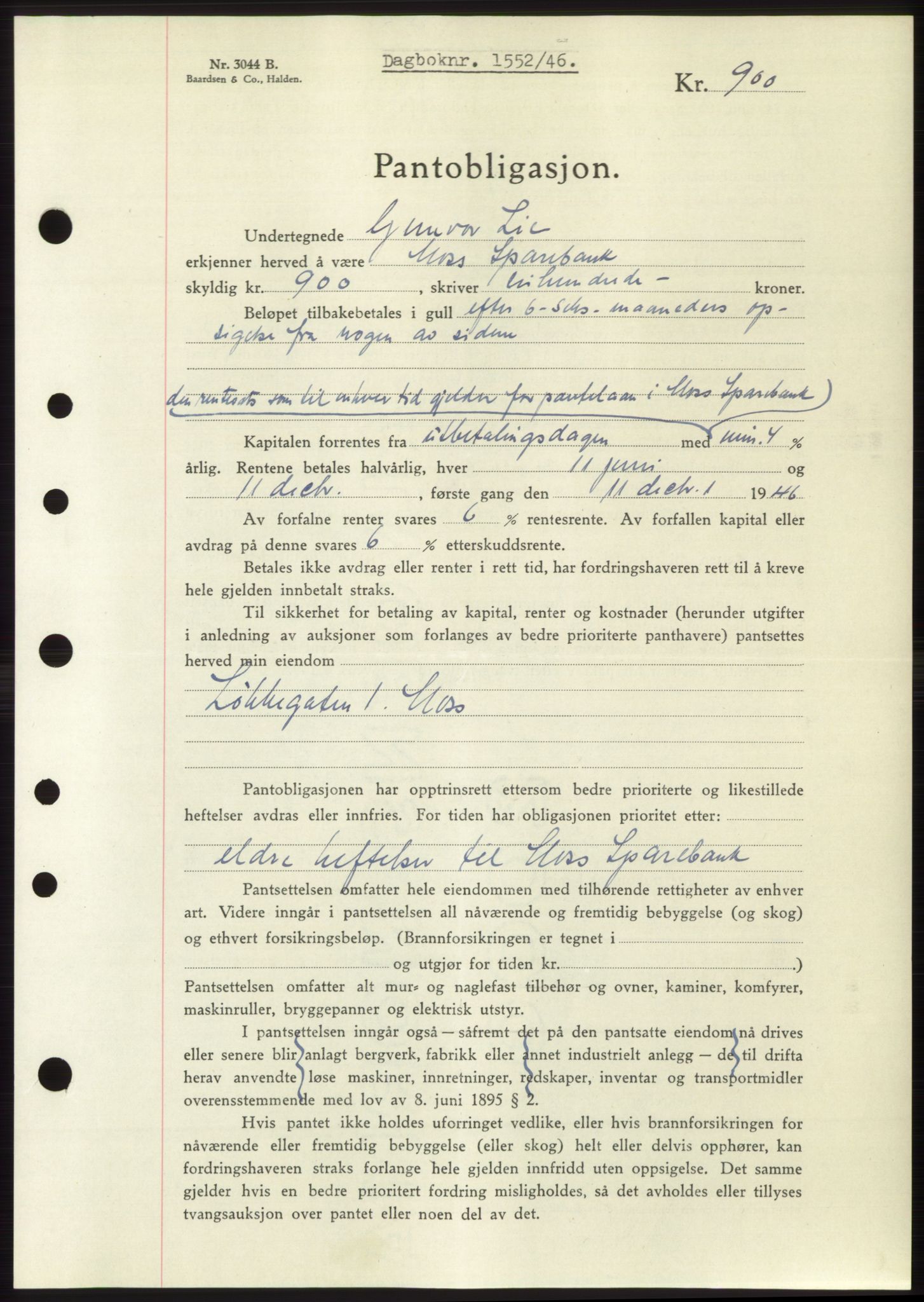Moss sorenskriveri, SAO/A-10168: Pantebok nr. B15, 1946-1946, Dagboknr: 1552/1946