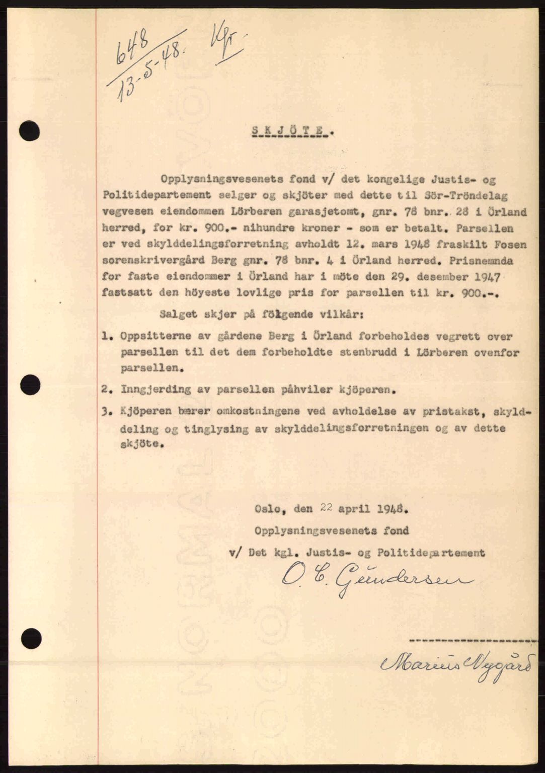 Fosen sorenskriveri, AV/SAT-A-1107/1/2/2C: Pantebok nr. A8, 1948-1948, Dagboknr: 648/1948