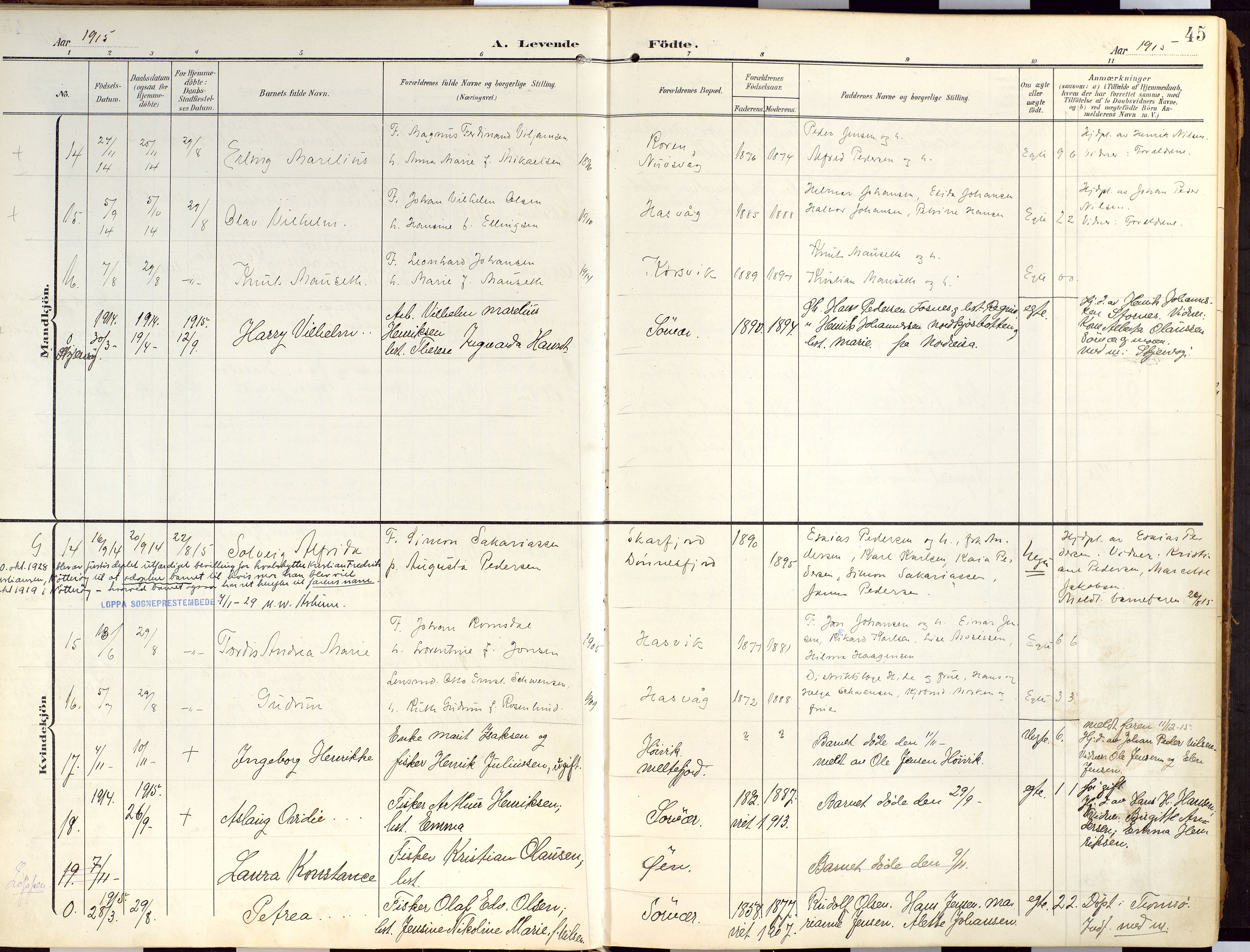 Loppa sokneprestkontor, AV/SATØ-S-1339/H/Ha/L0010kirke: Ministerialbok nr. 10, 1907-1922, s. 45