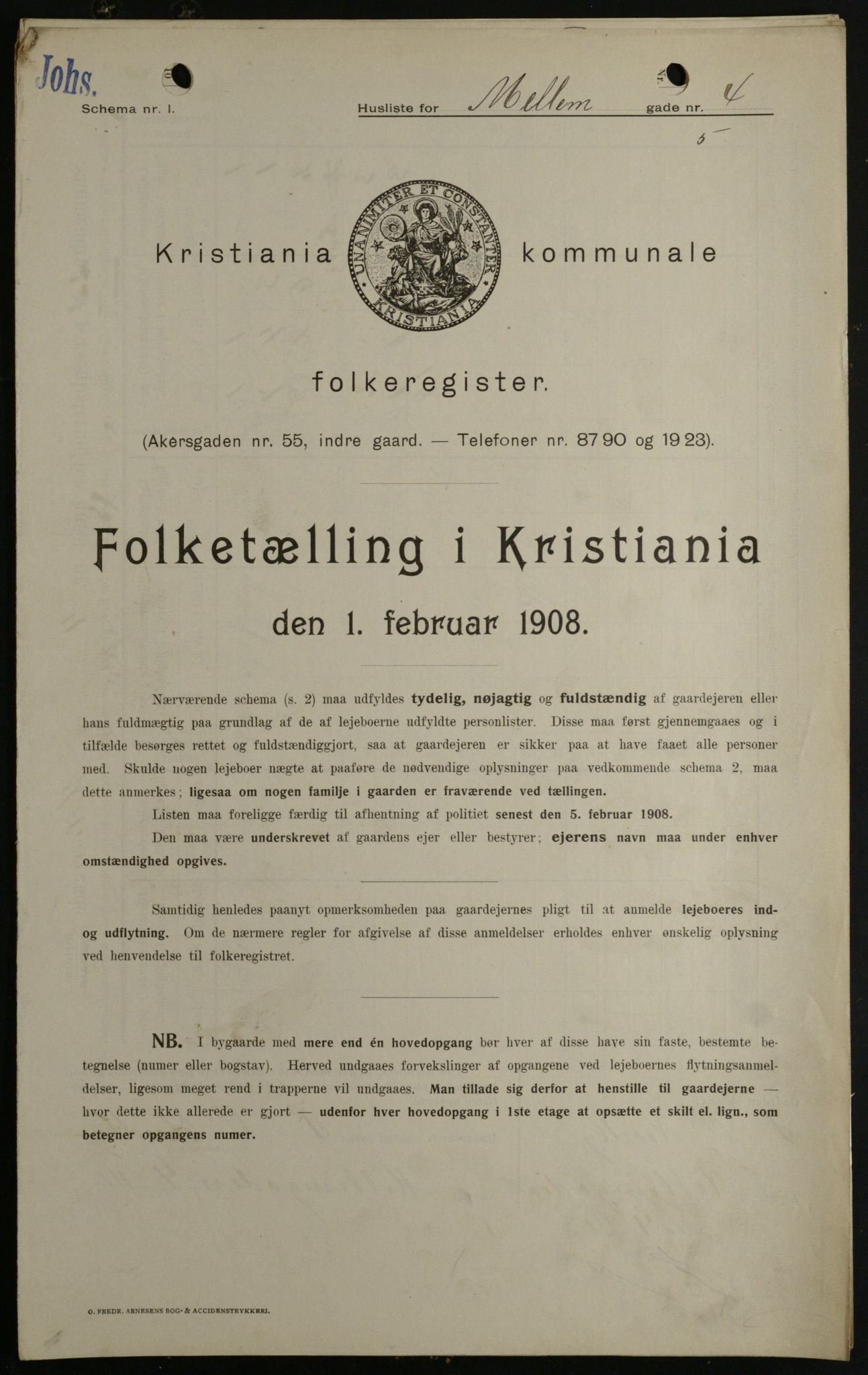 OBA, Kommunal folketelling 1.2.1908 for Kristiania kjøpstad, 1908, s. 58307