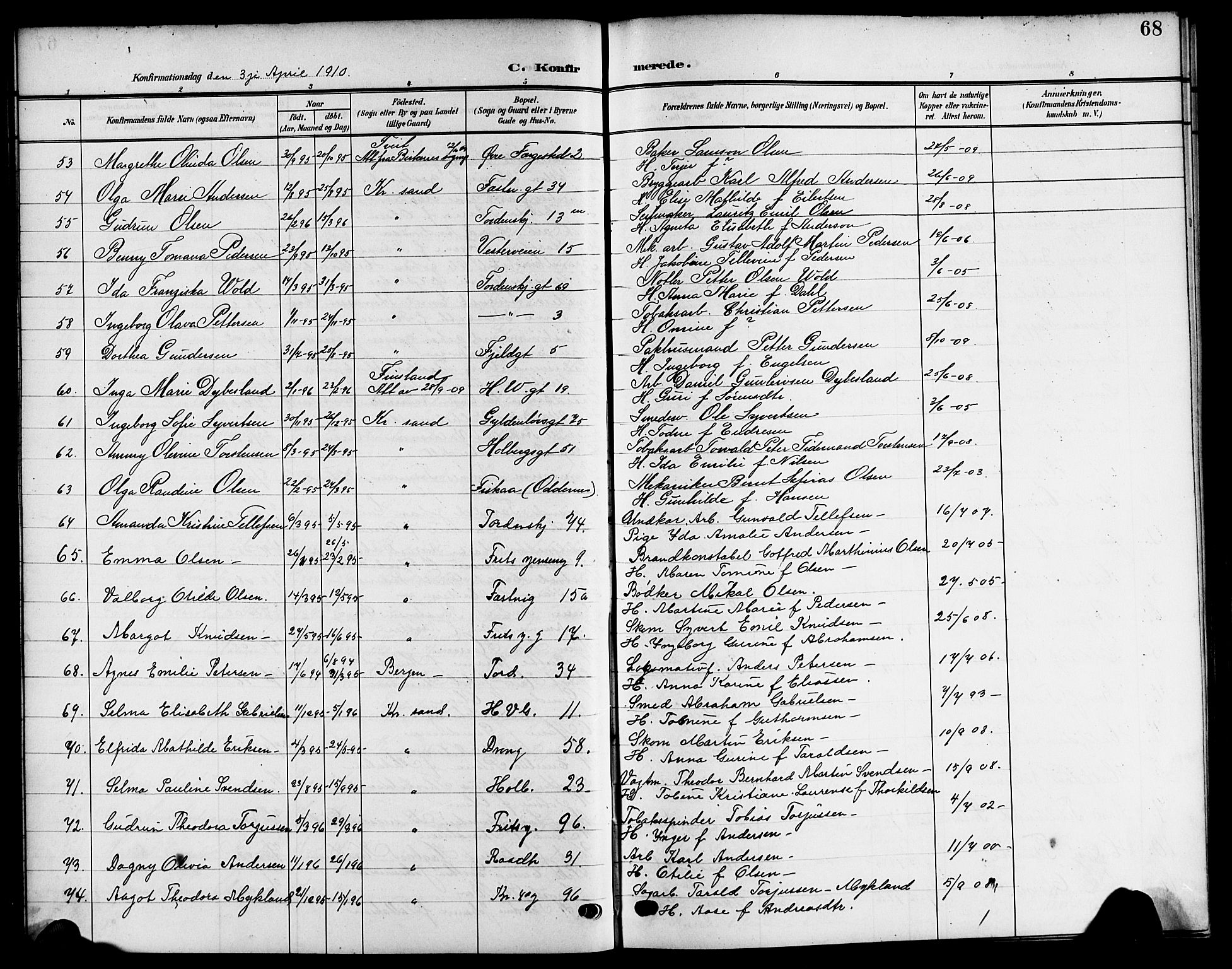 Kristiansand domprosti, AV/SAK-1112-0006/F/Fb/L0020: Klokkerbok nr. B 20, 1906-1915, s. 68