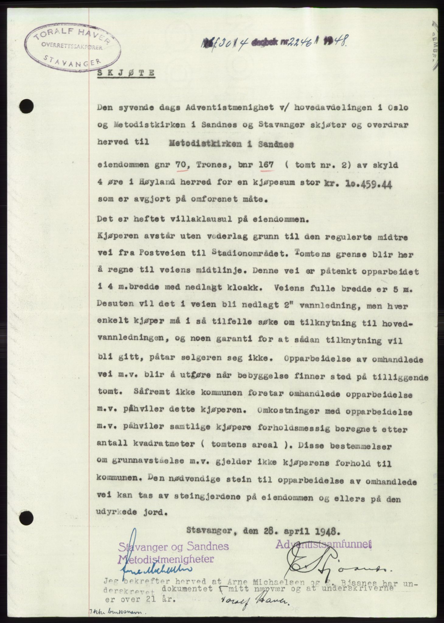 Jæren sorenskriveri, SAST/A-100310/03/G/Gba/L0098: Pantebok, 1948-1948, Dagboknr: 2246/1948