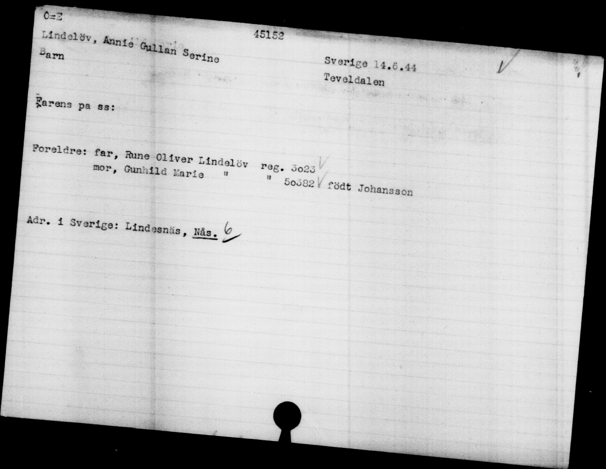 Utenriksstasjonene, Legasjonen i Stockholm, Flyktningkontoret, AV/RA-S-6753/V/Va/L0017: Kjesäterkartoteket, flyktninger med registreringsnr. 43400-46318, 1940-1945, s. 1831