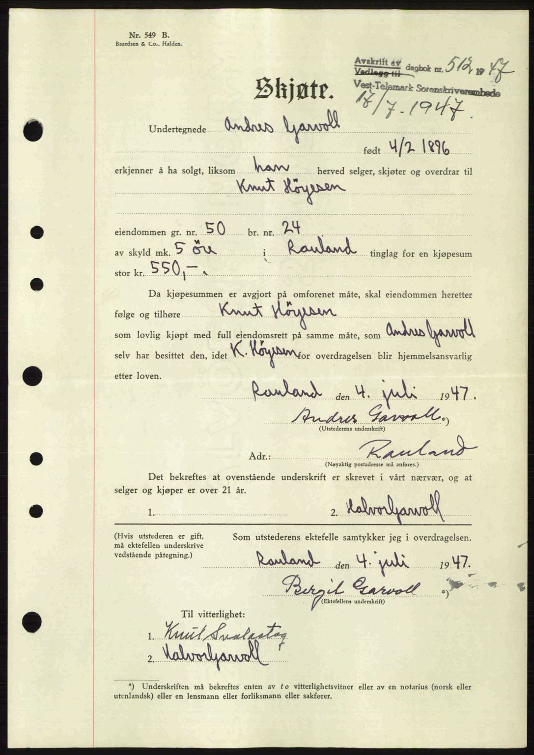 Vest-Telemark sorenskriveri, SAKO/A-134/G/Ga/Gac/L0008: Pantebok nr. A-8, 1947-1948, Dagboknr: 512/1947