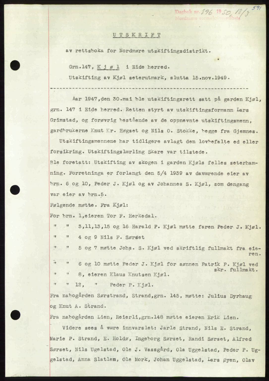 Nordmøre sorenskriveri, SAT/A-4132/1/2/2Ca: Pantebok nr. A114, 1950-1950, Dagboknr: 896/1950