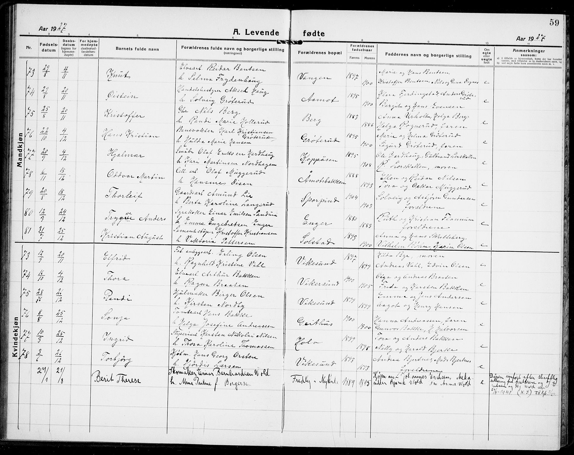 Modum kirkebøker, AV/SAKO-A-234/G/Ga/L0012: Klokkerbok nr. I 12, 1923-1933, s. 59