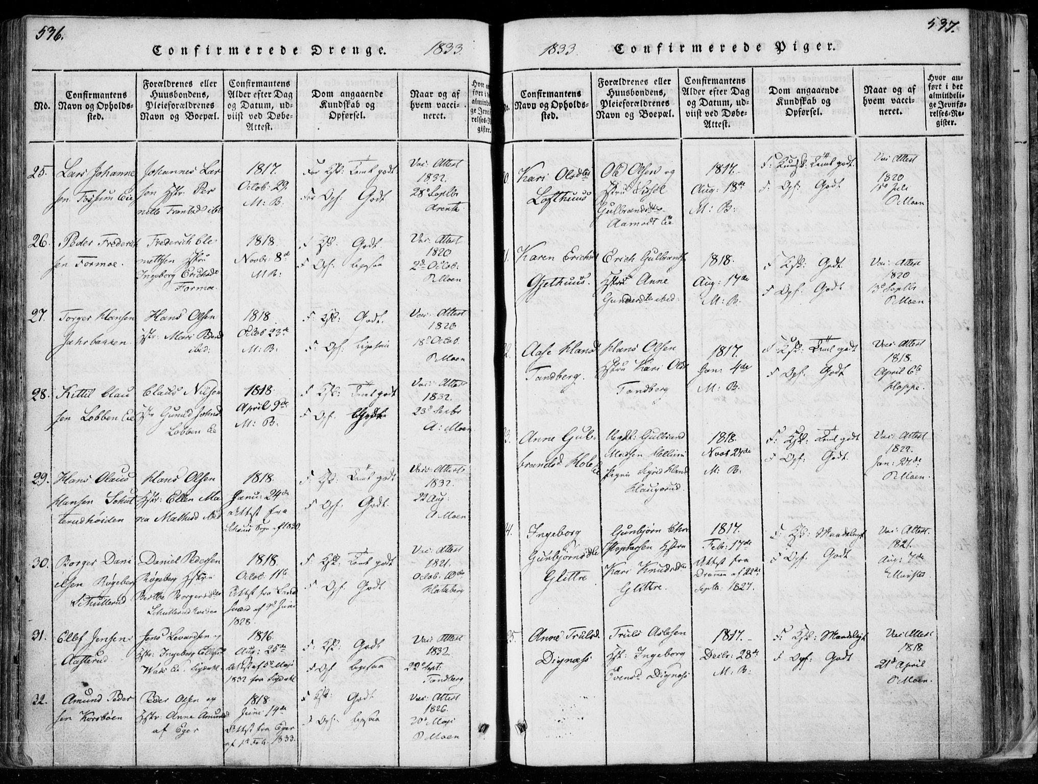 Modum kirkebøker, AV/SAKO-A-234/F/Fa/L0006: Ministerialbok nr. 6, 1832-1841, s. 536-537