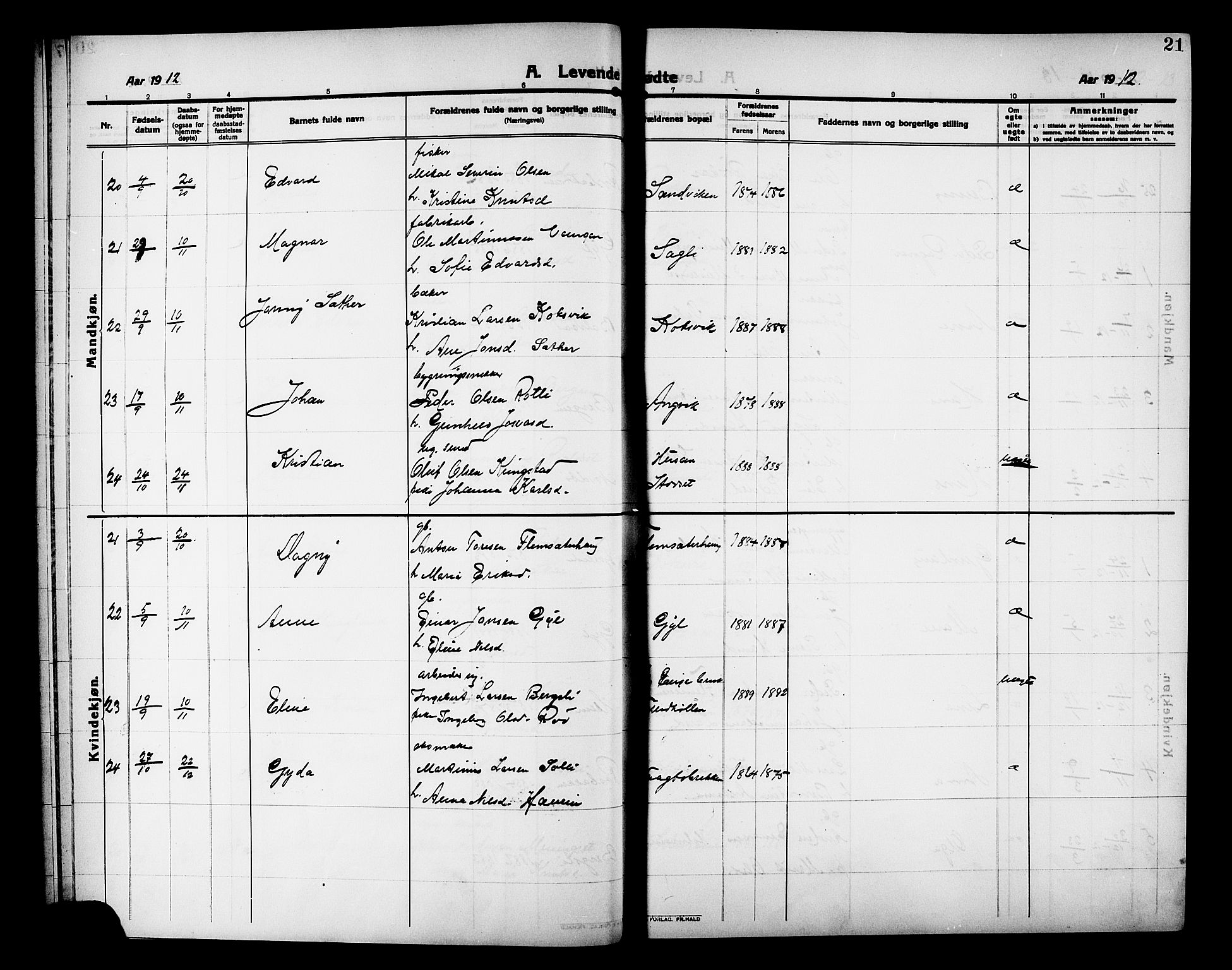 Ministerialprotokoller, klokkerbøker og fødselsregistre - Møre og Romsdal, AV/SAT-A-1454/586/L0993: Klokkerbok nr. 586C04, 1910-1918, s. 21