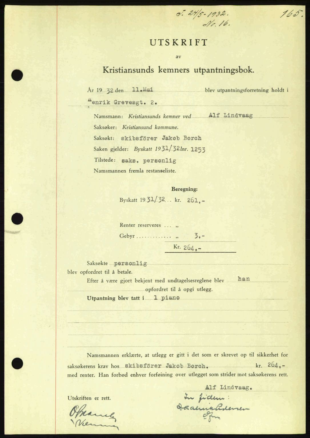 Kristiansund byfogd, AV/SAT-A-4587/A/27: Pantebok nr. 26, 1931-1933, Tingl.dato: 24.05.1932