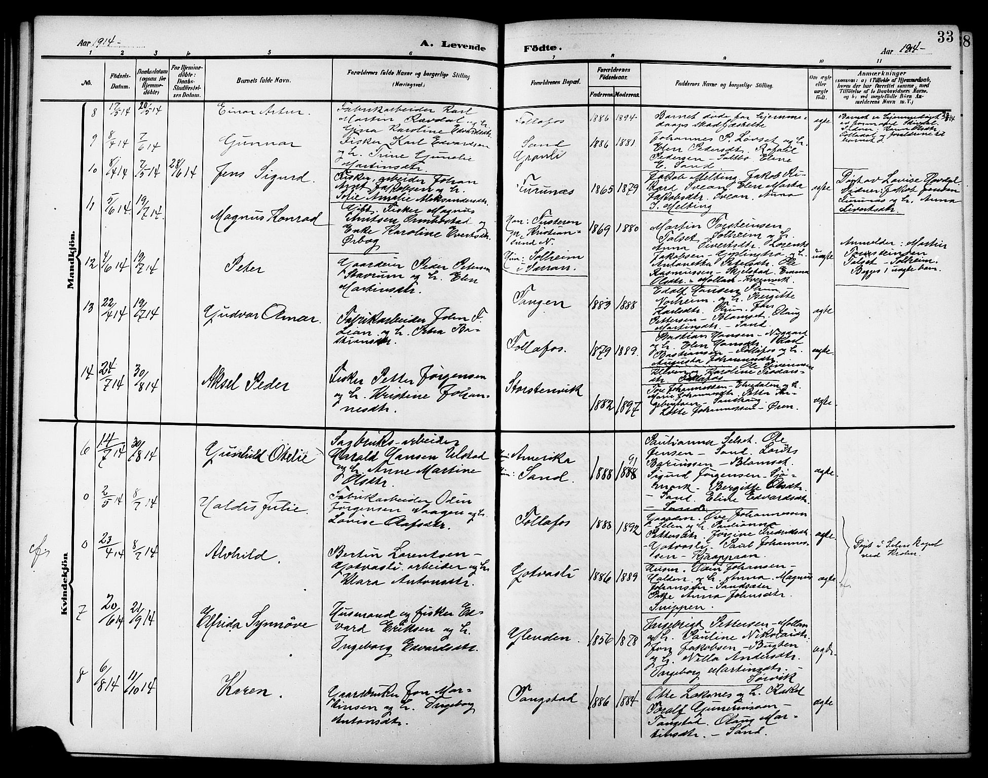 Ministerialprotokoller, klokkerbøker og fødselsregistre - Nord-Trøndelag, AV/SAT-A-1458/744/L0424: Klokkerbok nr. 744C03, 1906-1923, s. 33