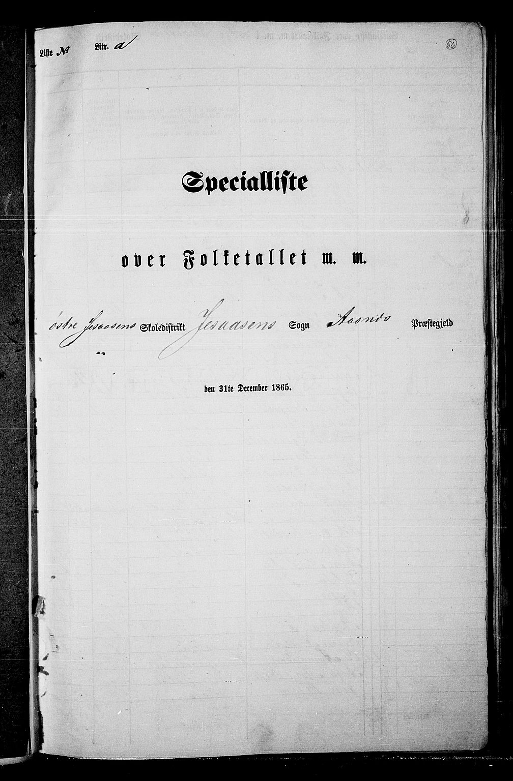 RA, Folketelling 1865 for 0425P Åsnes prestegjeld, 1865, s. 52