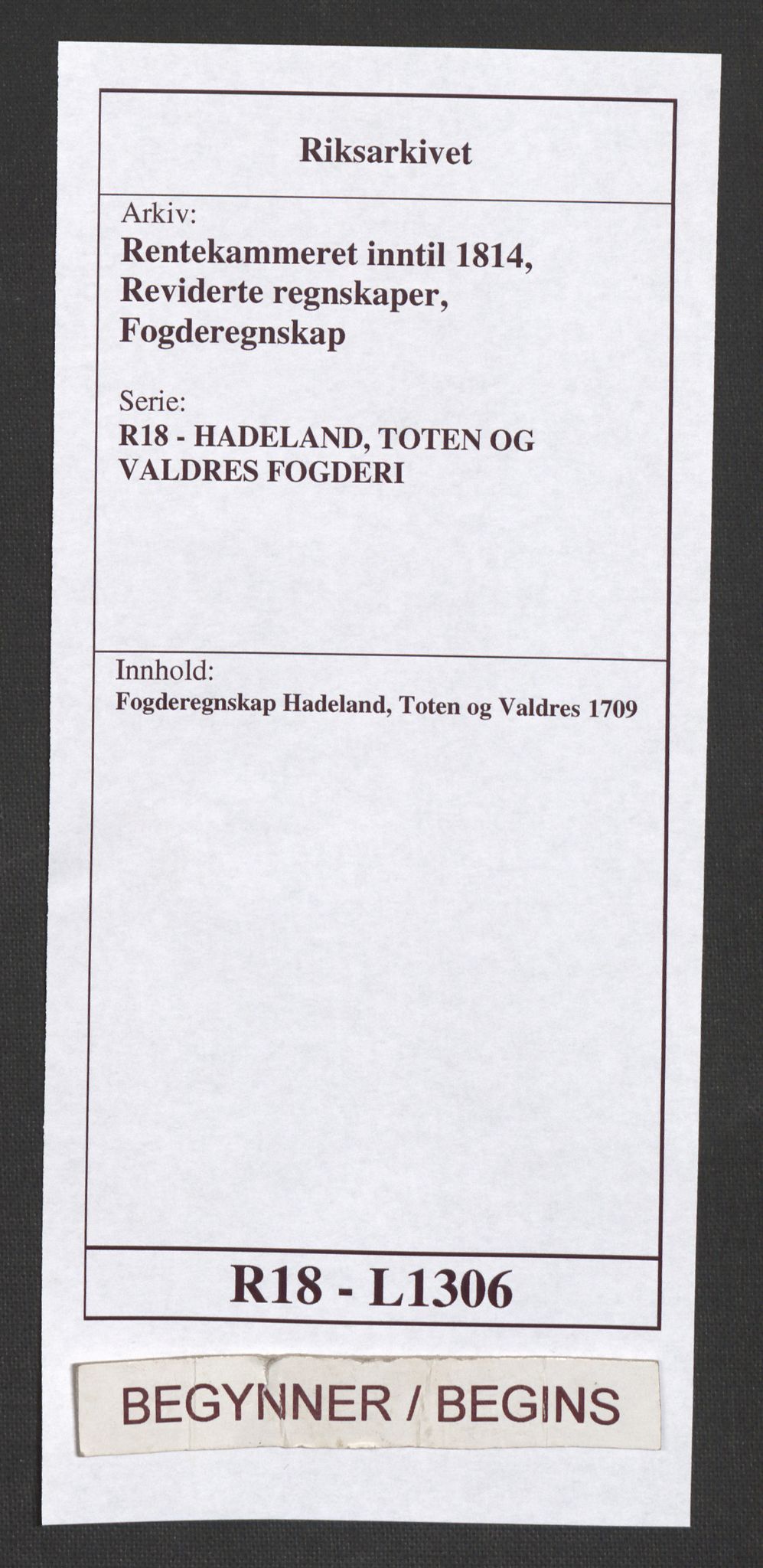 Rentekammeret inntil 1814, Reviderte regnskaper, Fogderegnskap, AV/RA-EA-4092/R18/L1306: Fogderegnskap Hadeland, Toten og Valdres, 1709, s. 1