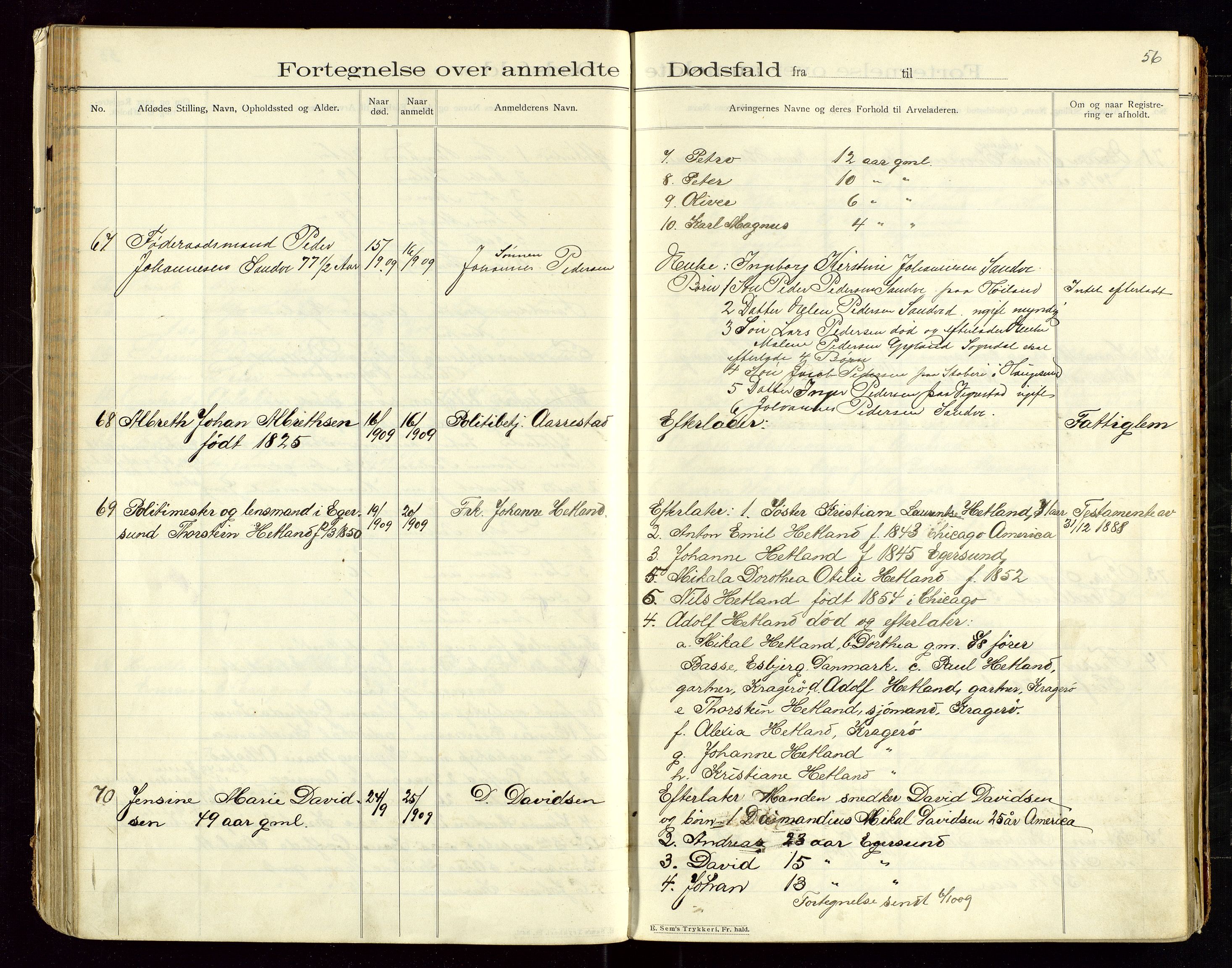Eigersund lensmannskontor, SAST/A-100171/Gga/L0005: "Dødsfalds-Protokol" m/alfabetisk navneregister, 1905-1913, s. 56