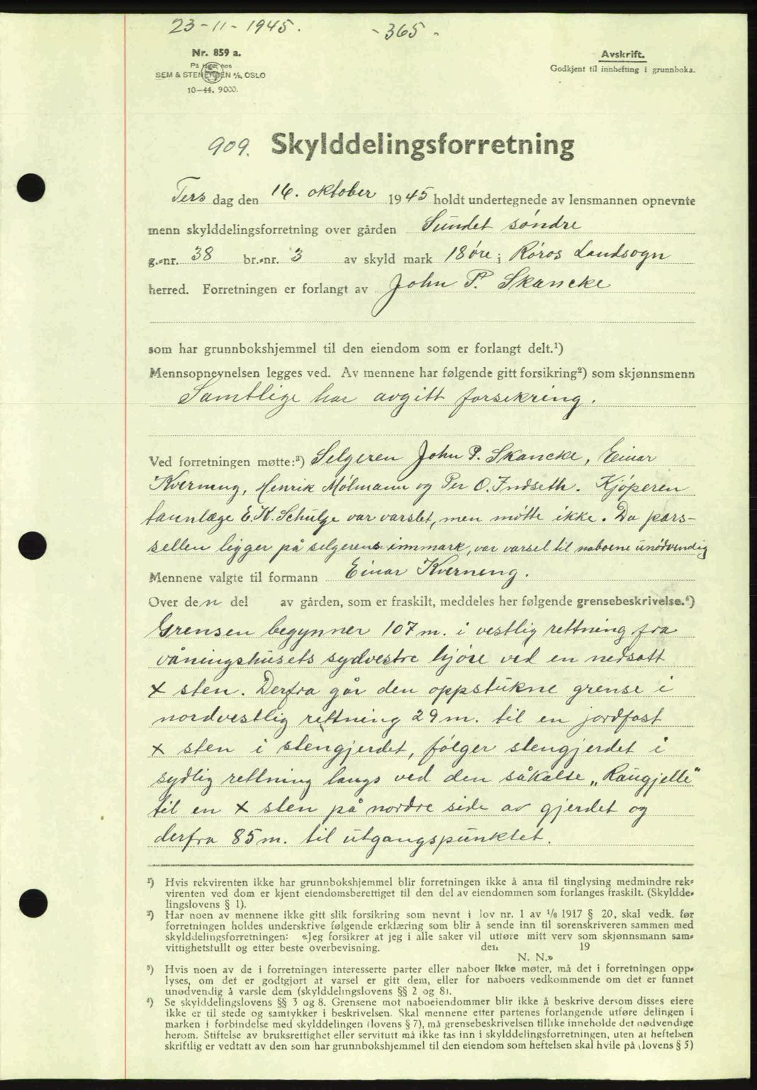 Gauldal sorenskriveri, SAT/A-0014/1/2/2C: Pantebok nr. A1a, 1945-1945, Dagboknr: 909/1945