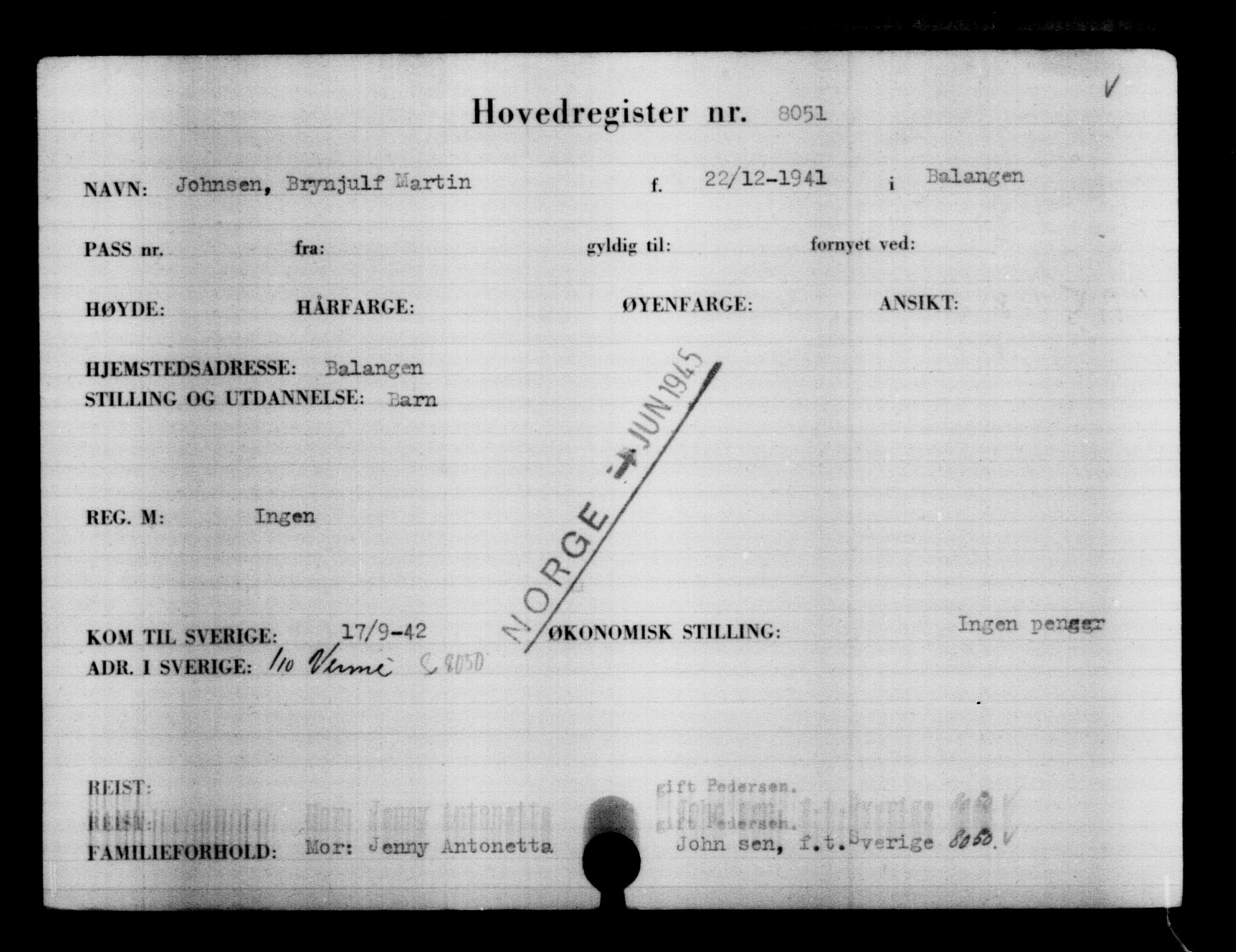 Utenriksstasjonene, Legasjonen i Stockholm, Flyktningkontoret, AV/RA-S-6753/V/Va/L0005: Kjesäterkartoteket, flyktninger med registreringsnr. 6600-9417, 1940-1945, s. 1698
