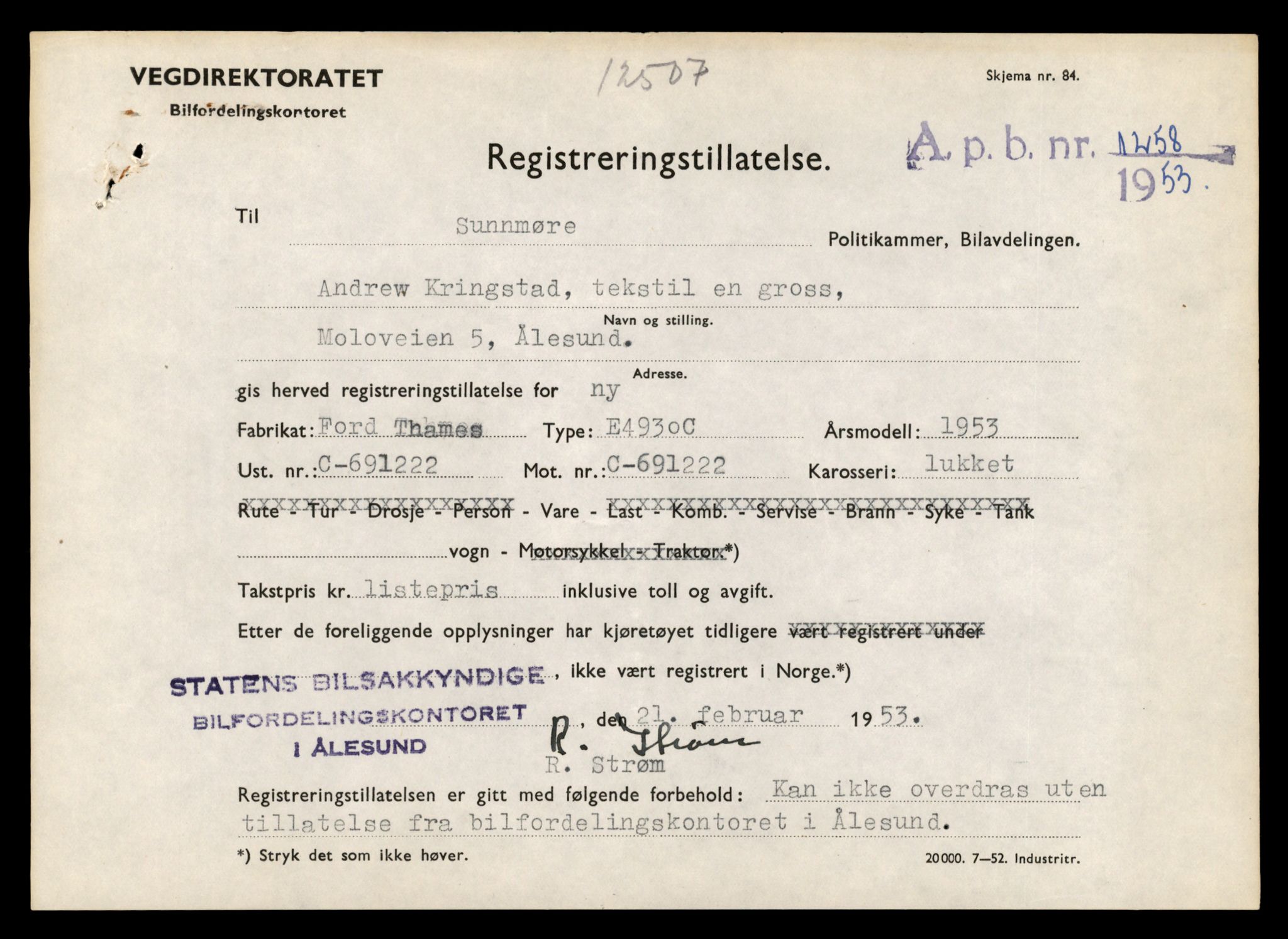 Møre og Romsdal vegkontor - Ålesund trafikkstasjon, AV/SAT-A-4099/F/Fe/L0034: Registreringskort for kjøretøy T 12500 - T 12652, 1927-1998, s. 181