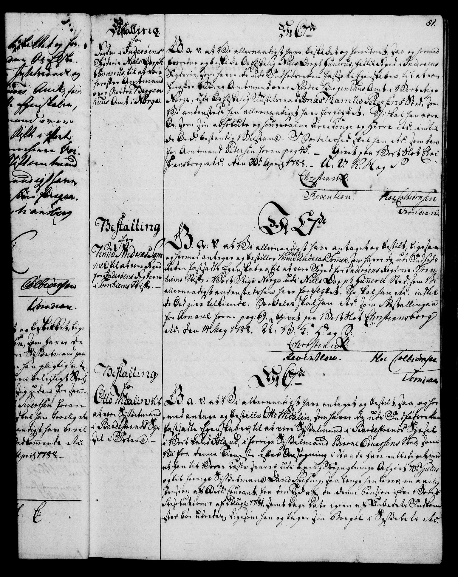 Rentekammeret, Kammerkanselliet, RA/EA-3111/G/Gg/Gge/L0006: Norsk bestallingsprotokoll med register (merket RK 53.30), 1773-1814, s. 81