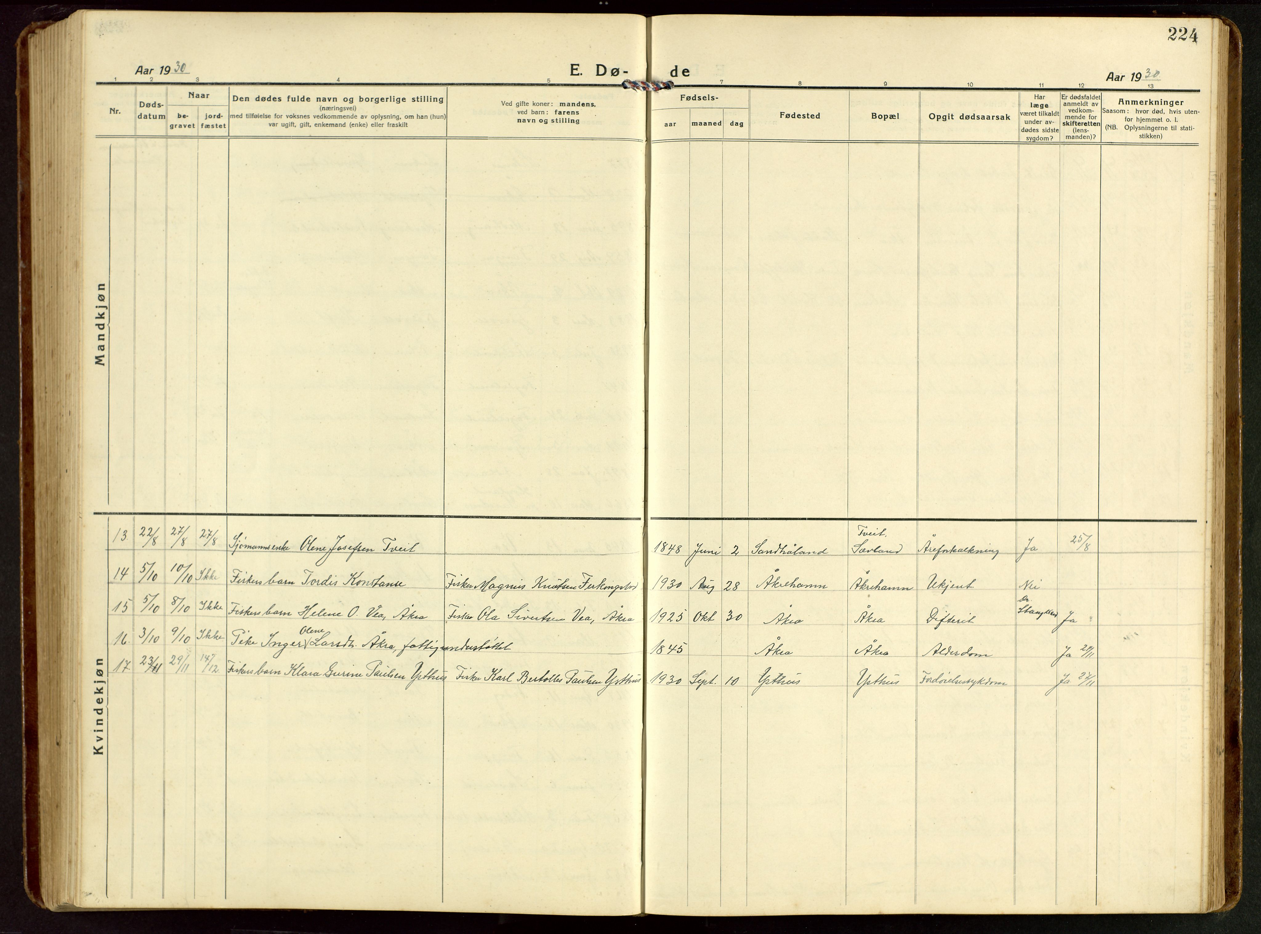 Kopervik sokneprestkontor, AV/SAST-A-101850/H/Ha/Hab/L0014: Klokkerbok nr. B 14, 1922-1947, s. 224