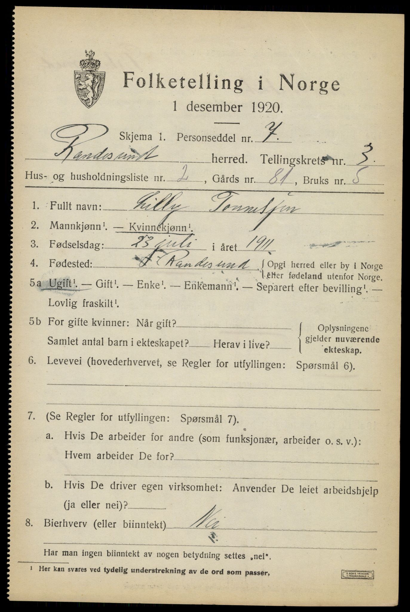 SAK, Folketelling 1920 for 1011 Randesund herred, 1920, s. 1478