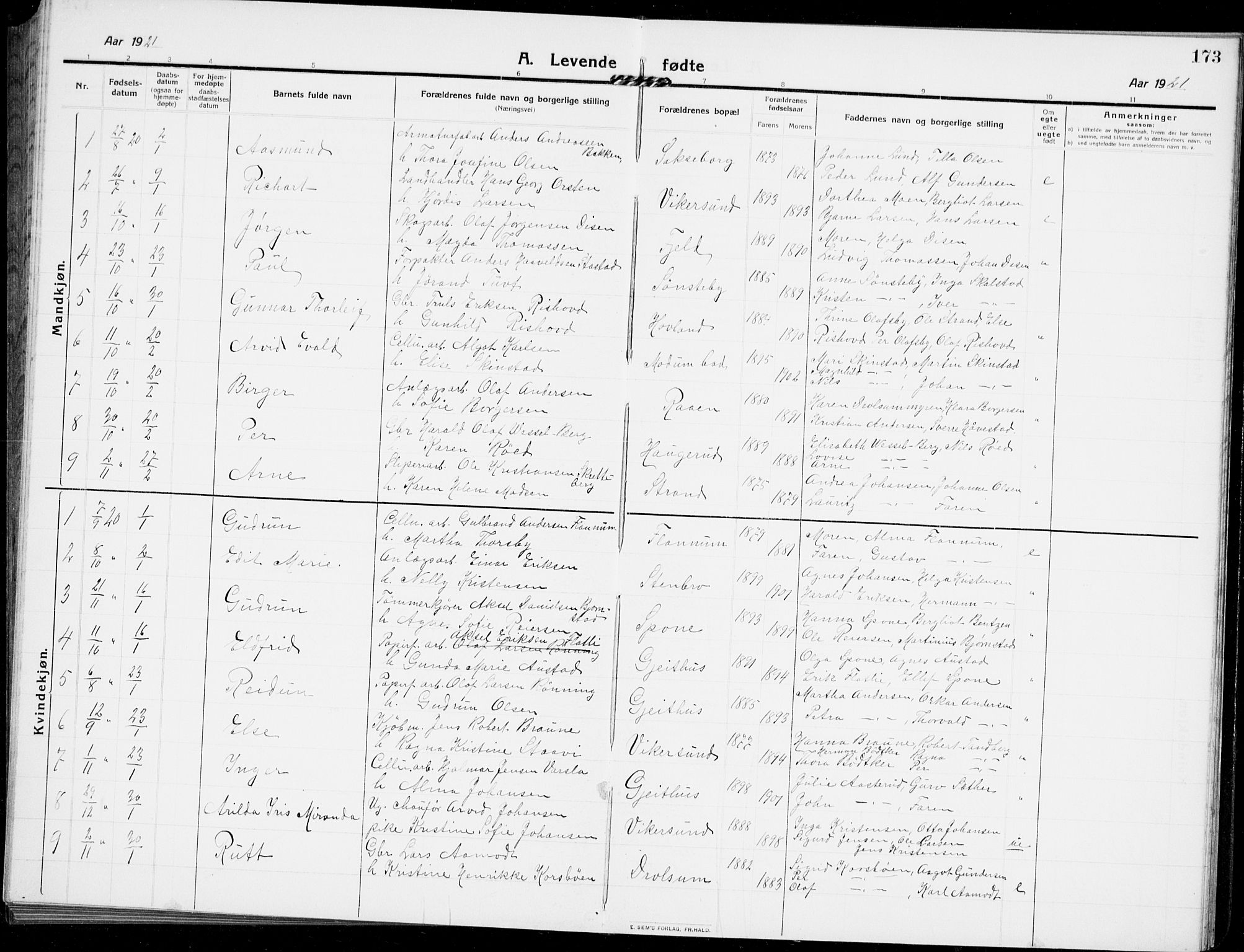 Modum kirkebøker, AV/SAKO-A-234/G/Ga/L0009: Klokkerbok nr. I 9, 1909-1923, s. 173