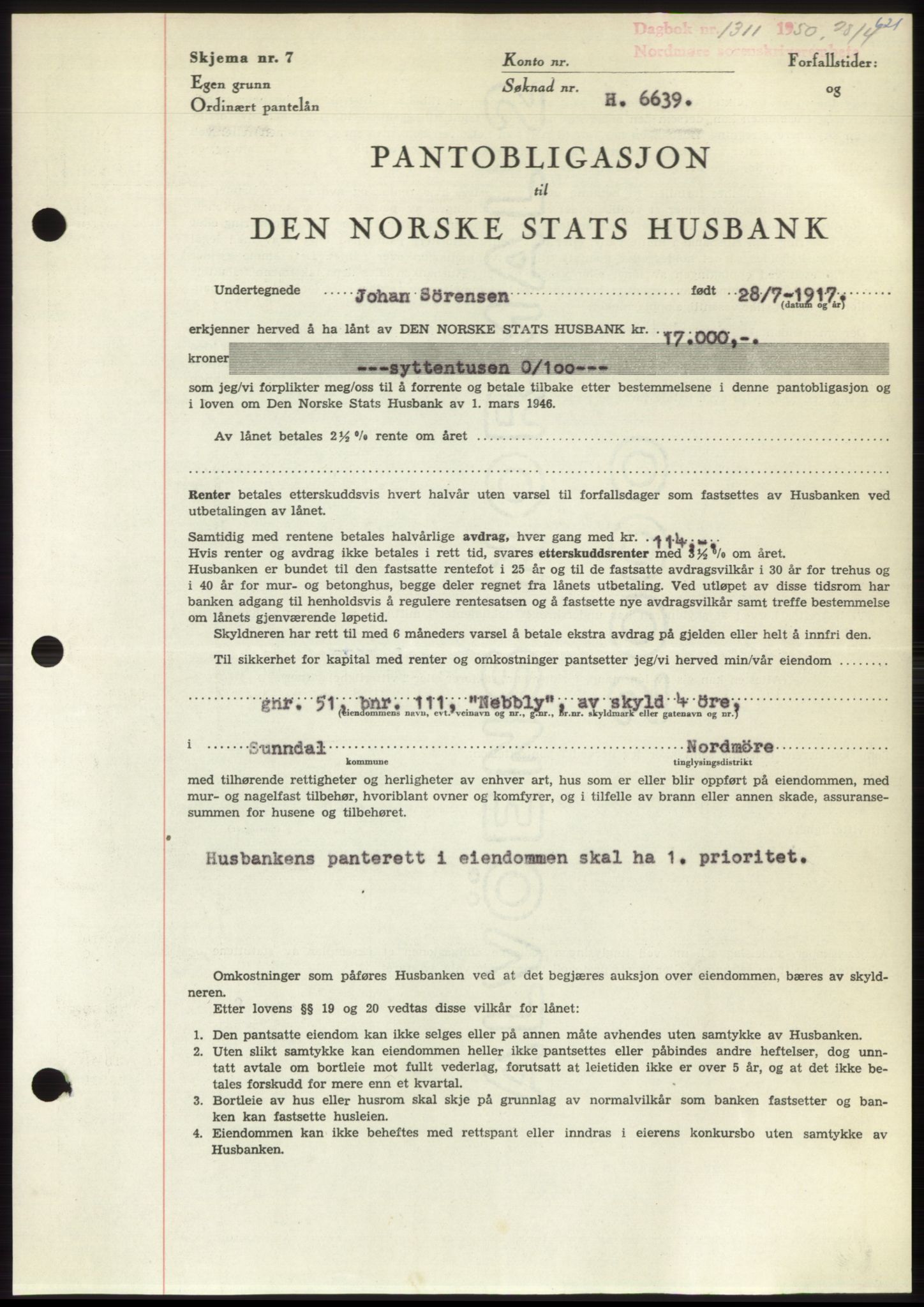 Nordmøre sorenskriveri, SAT/A-4132/1/2/2Ca: Pantebok nr. B104, 1950-1950, Dagboknr: 1311/1950