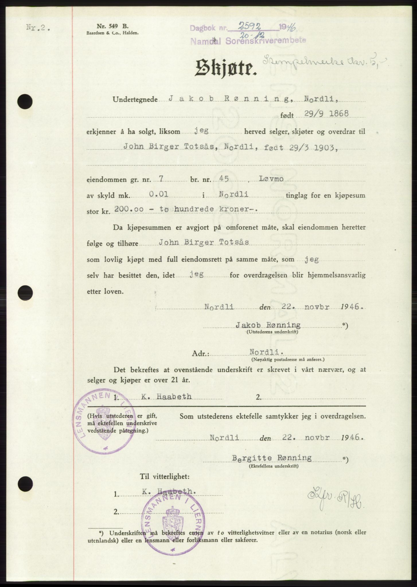 Namdal sorenskriveri, SAT/A-4133/1/2/2C: Pantebok nr. -, 1946-1947, Dagboknr: 2592/1946