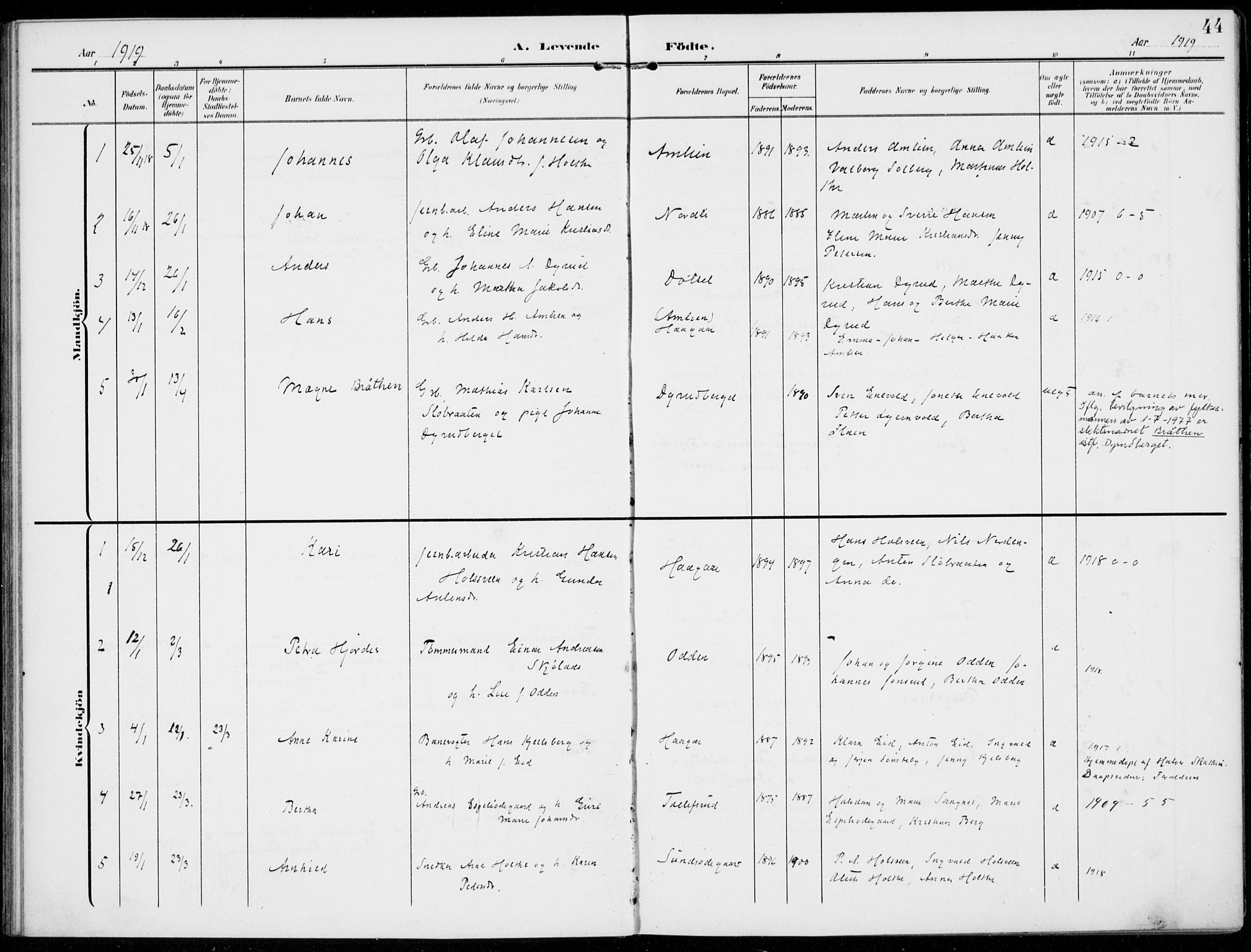 Kolbu prestekontor, SAH/PREST-110/H/Ha/Haa/L0001: Ministerialbok nr. 1, 1907-1923, s. 44