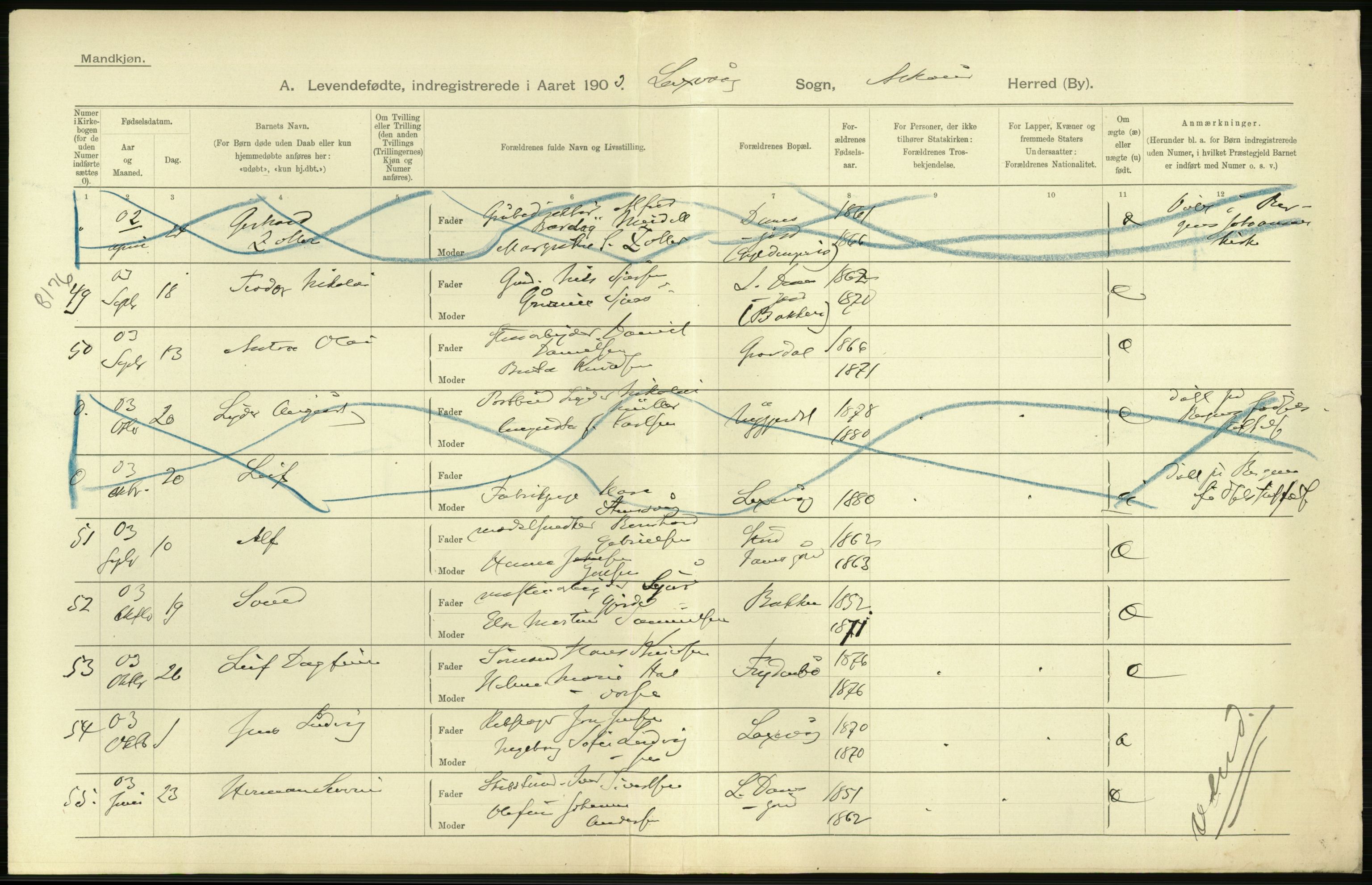 Statistisk sentralbyrå, Sosiodemografiske emner, Befolkning, RA/S-2228/D/Df/Dfa/Dfaa/L0013: Søndre Bergenhus amt: Fødte, gifte, døde, 1903, s. 494